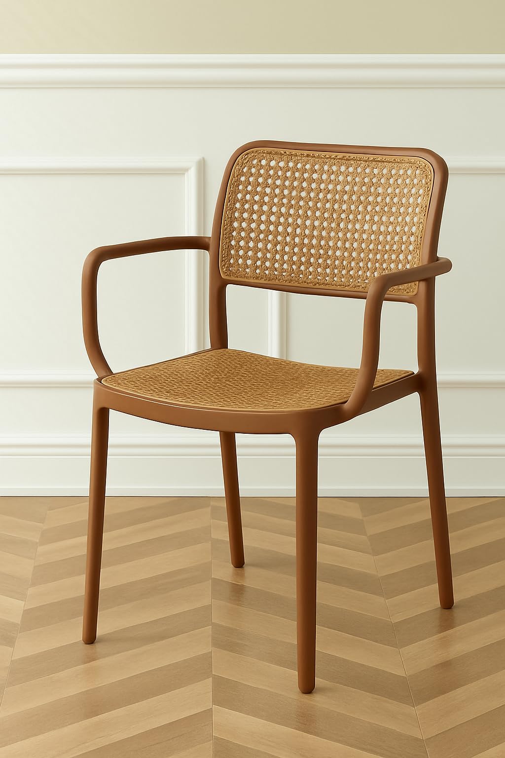 Creative Rattan Dining Chair With Arms, Brown Frame And Cane, Indoor Accent Chair With Woven Back And Seat (Pack Of 1)