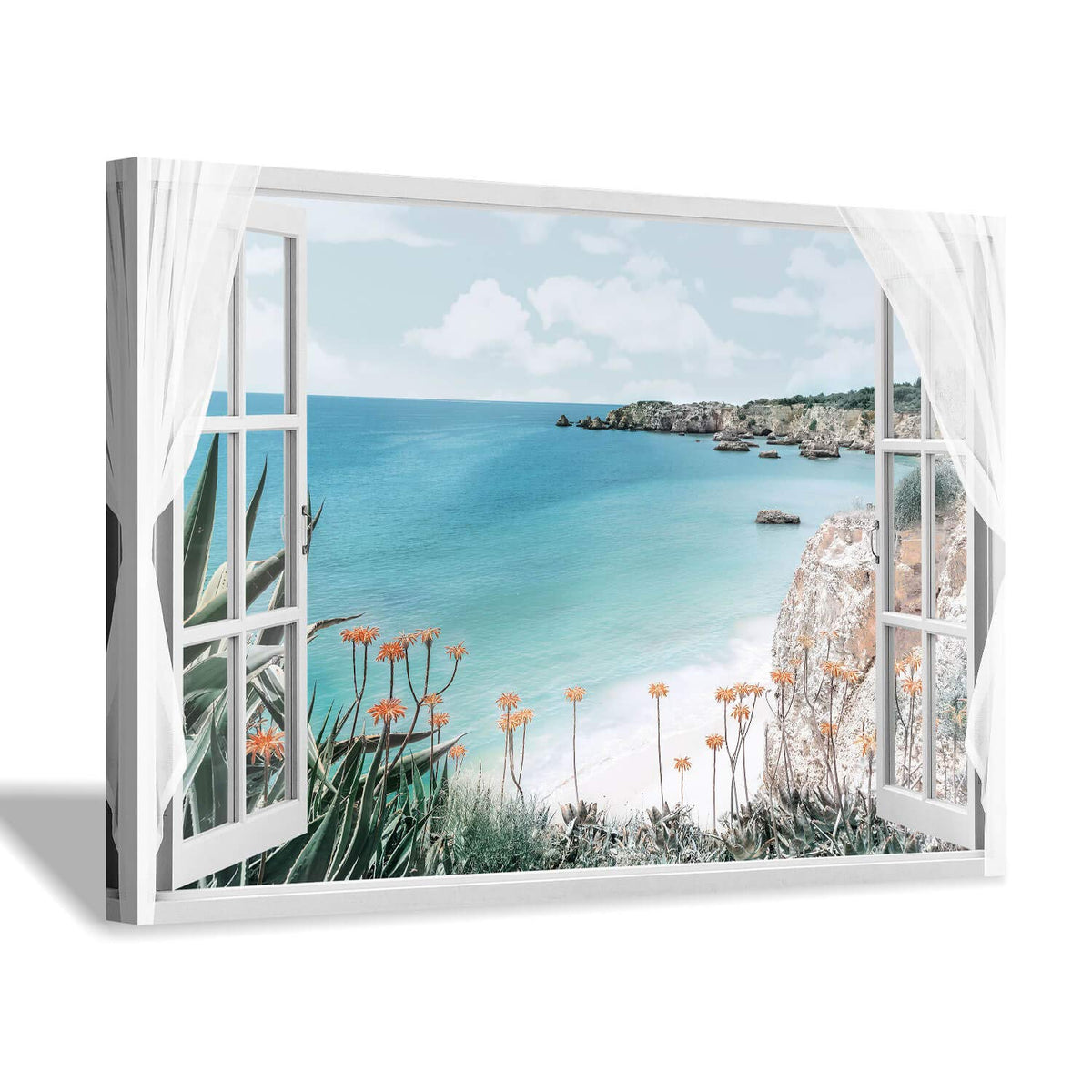 Hardy Gallery Coastal Painting Seascape Wall Art: Open Window View Picture Blue Ocean & Beach Artwork On Canvas For Bedroom (45