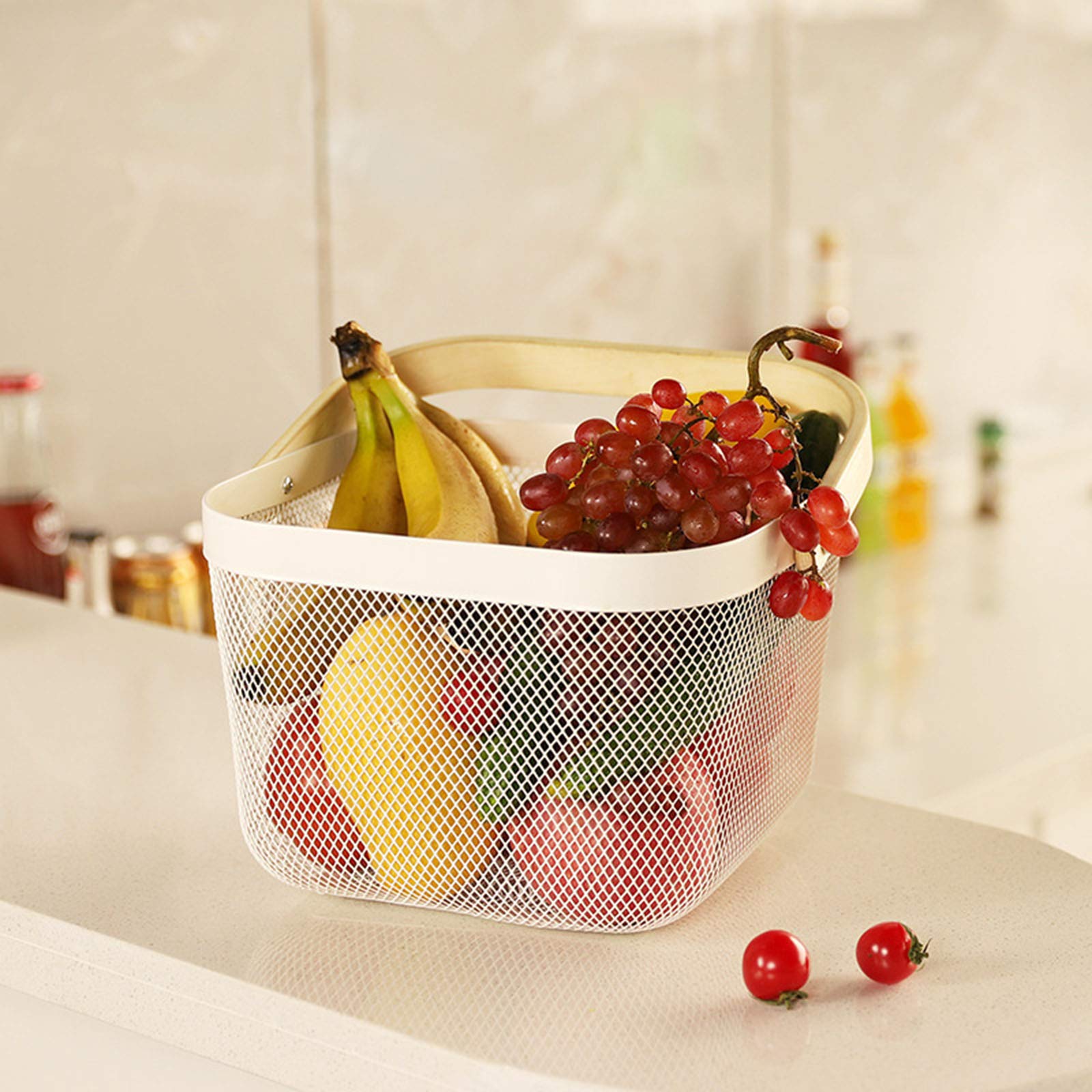 Ajioda Metal Mesh Steel Basket, Storage Organizer Basket Multi-Functional Hanging Kitchen Baskets Fruit Basket Bin With Bamboo H