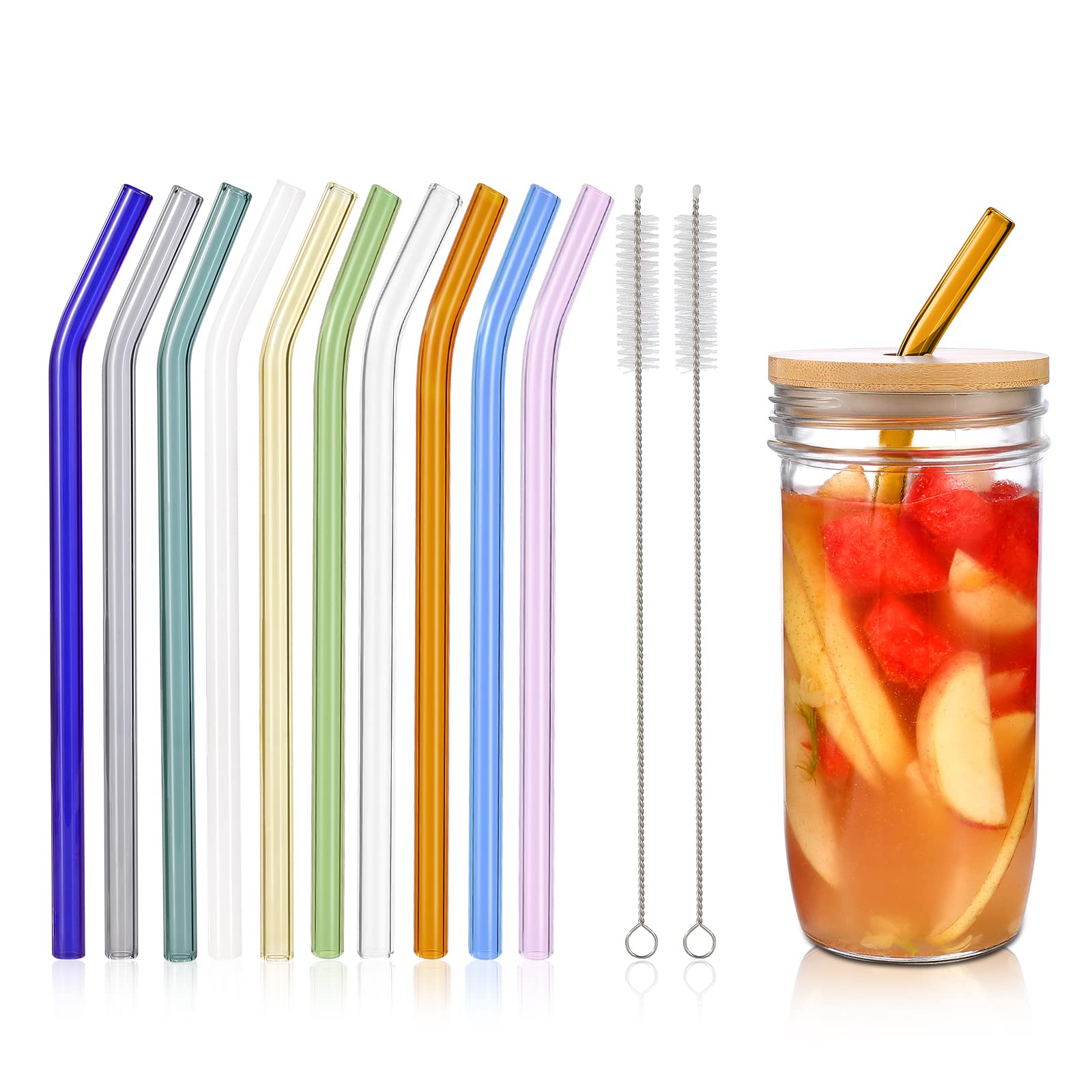 Renyih 10 Pcs Reusable Bent Glass Drinking Straws,9''X10 Mm Colorful Glass Straws For Beverages, Shakes, Milk Tea, Juices,Set Of