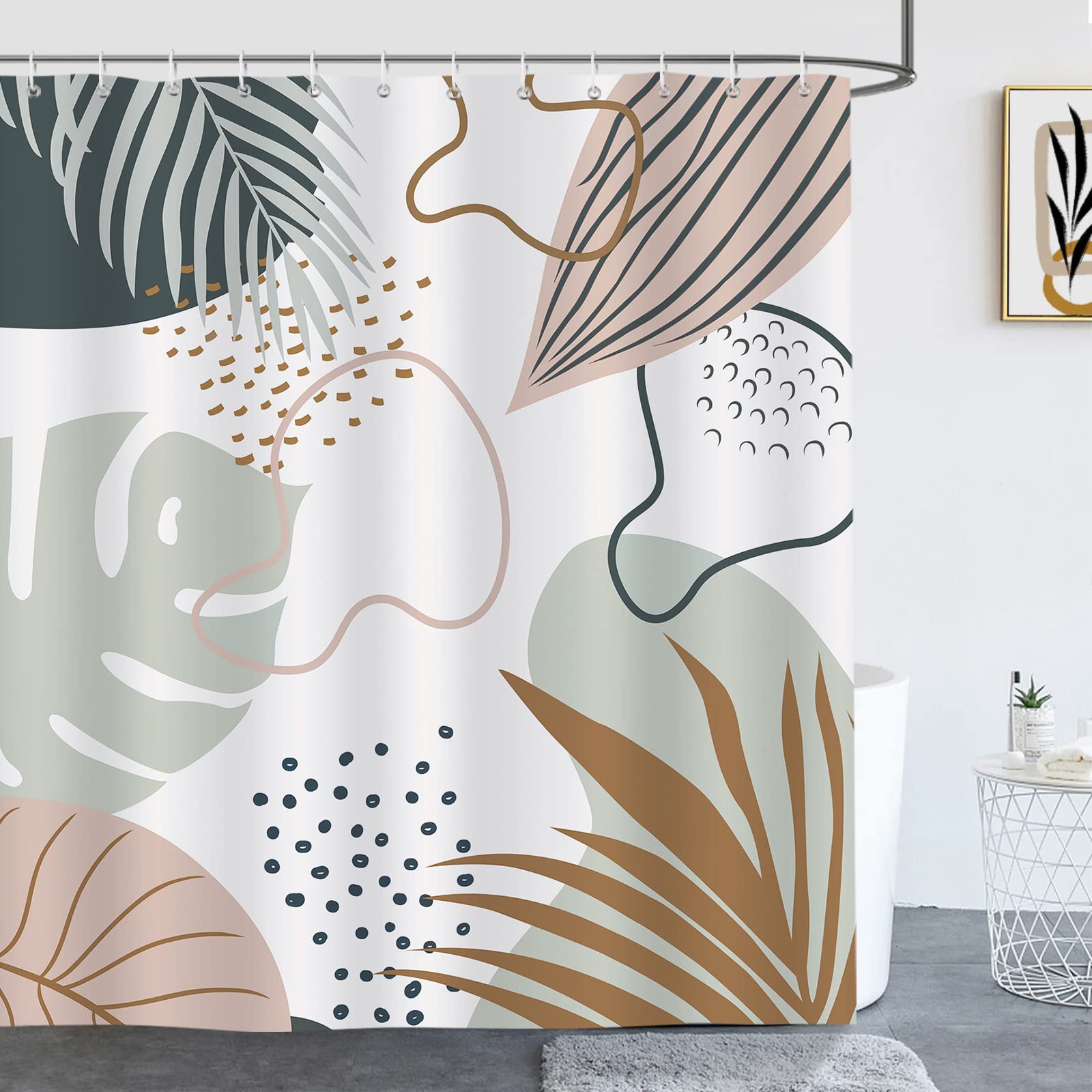 Bonhause Abstract Boho Leaves Shower Curtain Mid Century Modern Minimalist Decorative Bath Curtain 72 X 72 Inch Polyester Fabric