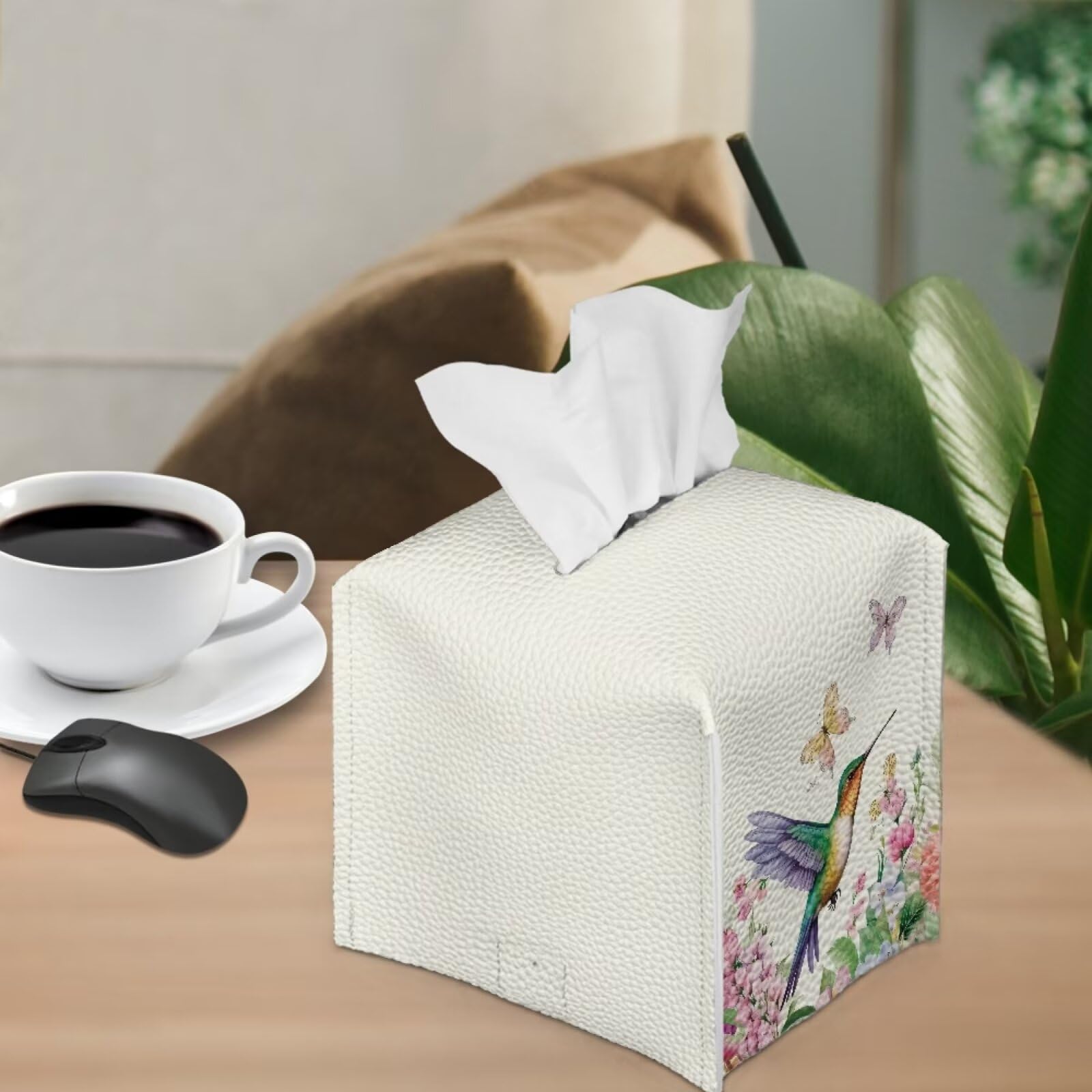 Tutolipy Hummingbird Butterfly Floral Leather Tissue Box Cover Square - Tissue Holder With Bottom Belt Aesthetic Pu Leather Tiss
