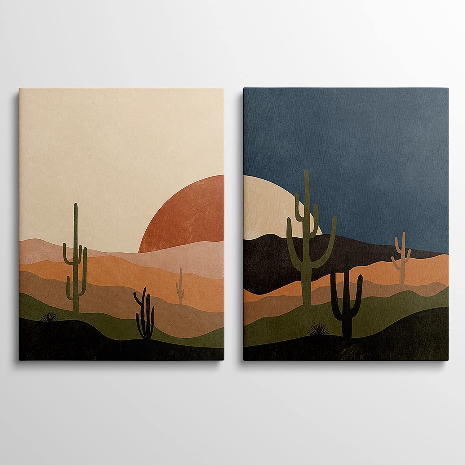 Mid Century Desert Prints Boho Cactus Canvas Prints Sun And Moon Day And Night Canvas Wall Art Modern Abstract Landscape Art For