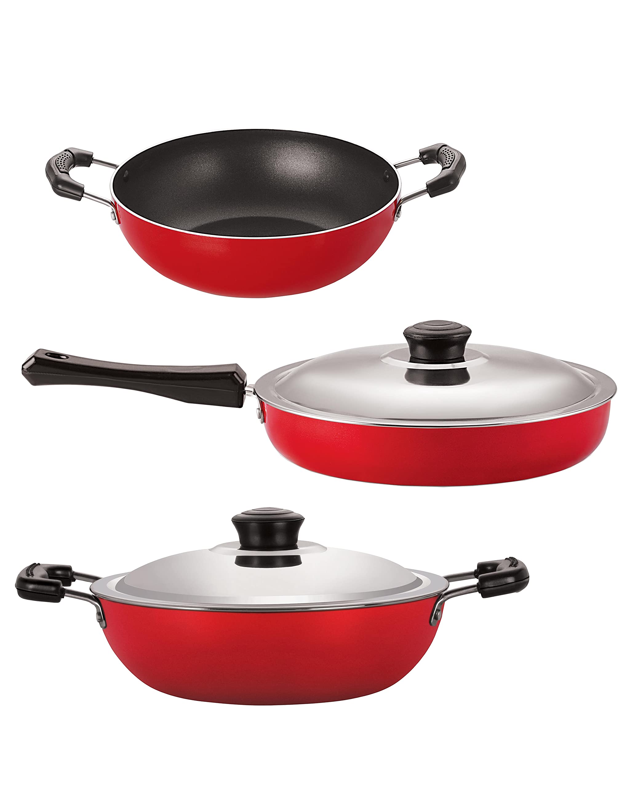 Nirlon NonStick Aluminium Cookware Set, 3Pieces, Red/Black (2.6Mm_Fp12_Kd12_Dkdb)