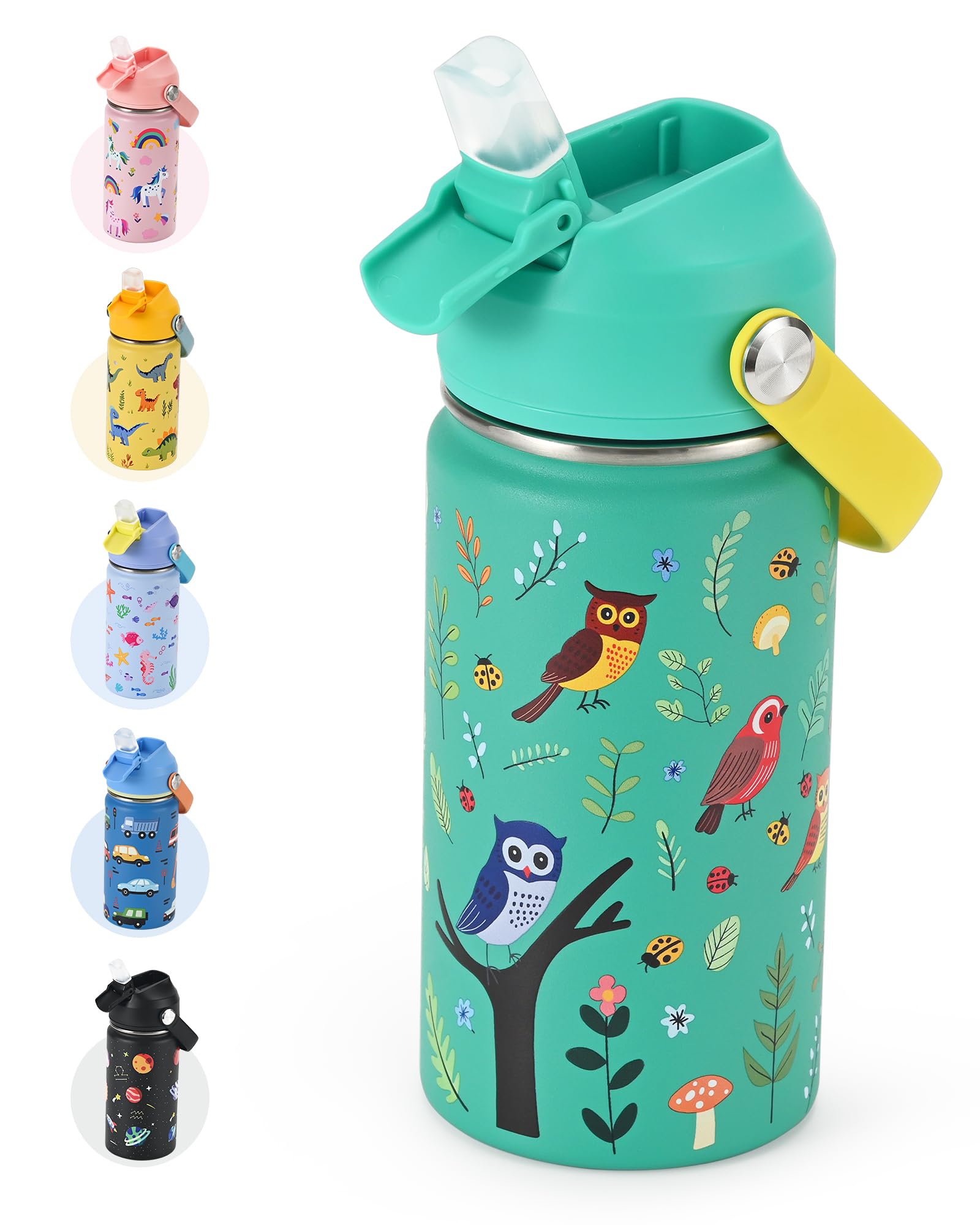 WixByti Kids Water Bottle 14oz with Silicone Straw Lid - Insulated Toddler Water Bottle Stainless Steel Keeps Cold 24H, Leak Pro