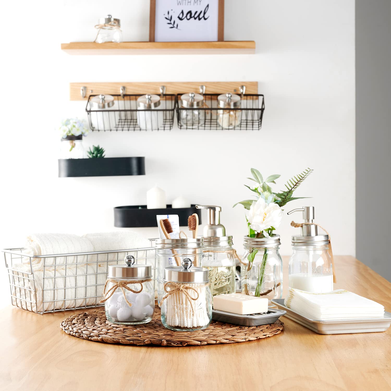 Mason Jar Bathroom Accessories Set 8 Pcs-Lotion Soap Dispenser,Toothbrush Holder,2 Apothecary Jars, Flower Vase,Soap Holder,Vani