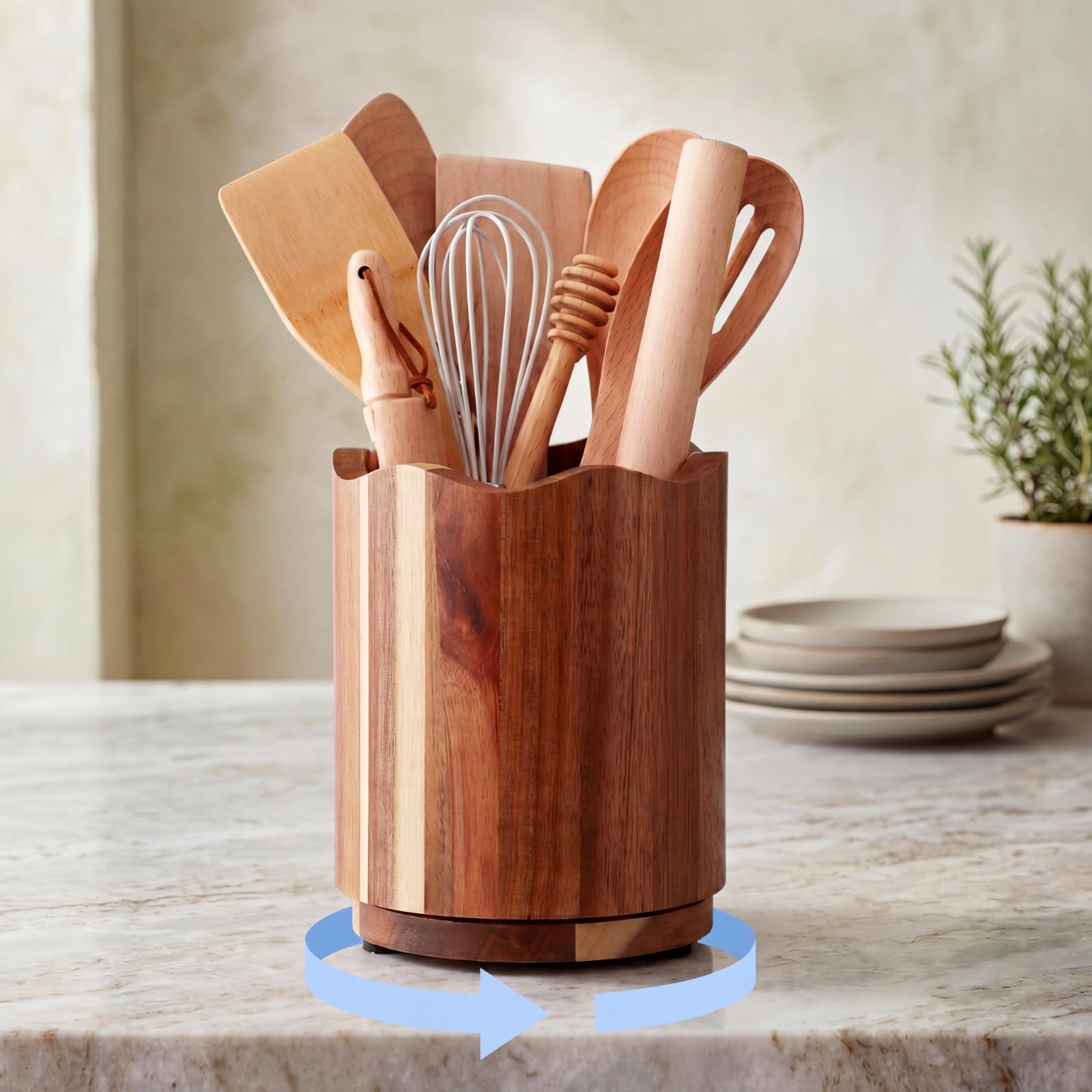 Acellegic Acacia Wooden Utensil Holder 360 Rotating Kitchen Scallop Design