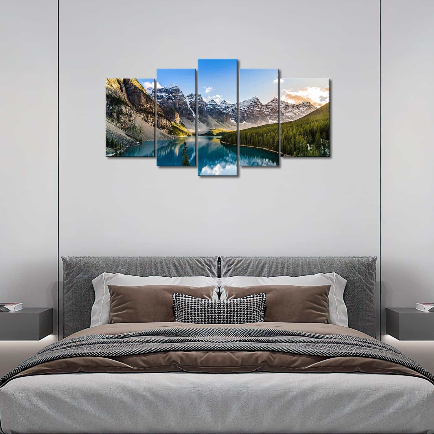 Wall Art Decor Poster Painting On Canvas Print Pictures 5 Pieces Moraine Lake and Mountain Range Sunset Canadian Rocky Mountains Landscape Framed Picture for Home Decoration Living Room Artwork