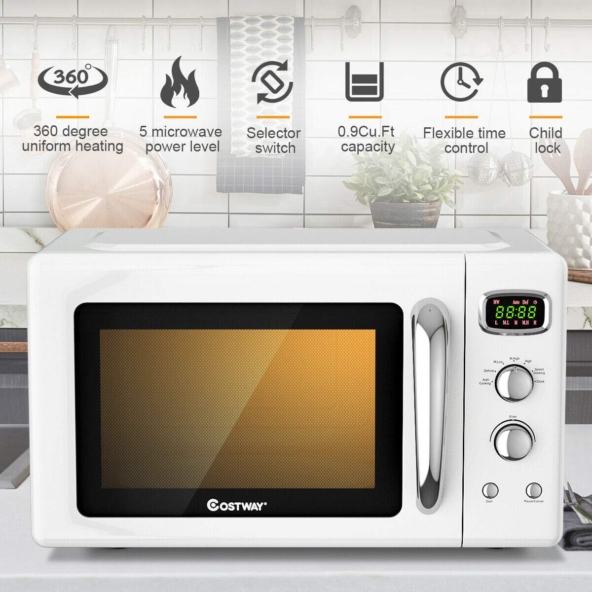 Costway Retro Countertop Microwave Oven, 0.9Cu.Ft, 900W Microwave Oven, With 5 Micro Power, Defrost & Auto Cooking Function, Led