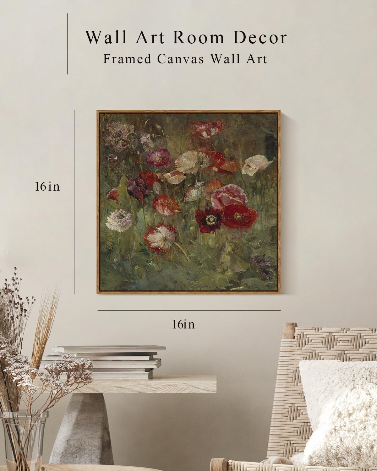 Insimsea Square Framed Canvas Wall Art, Classical Floral Scenic Paintings Wall Decor, Desk Decor, Rustic Flowers Wall Art Prints