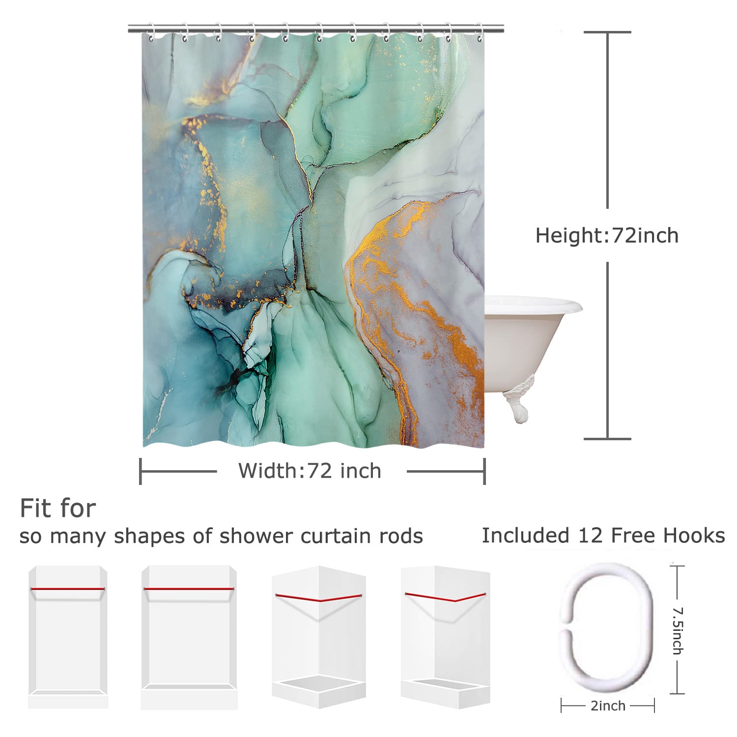 RosieLily Green Shower Curtain  Marble Shower Curtains Set with 12 Hooks  Green Marble Shower Curtain  Blue Gray Shower Curtain for Bathroom  Green Abstract Waterproof Bathroom Curtain  72Wx72H