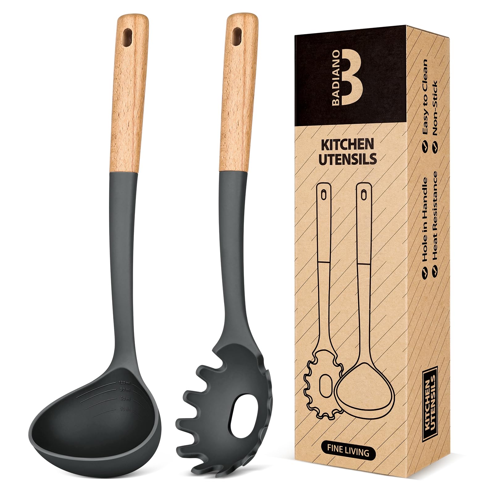 Badiano Kitchen Pasta Fork and Ladle Set, Perfect for Serving, Grey