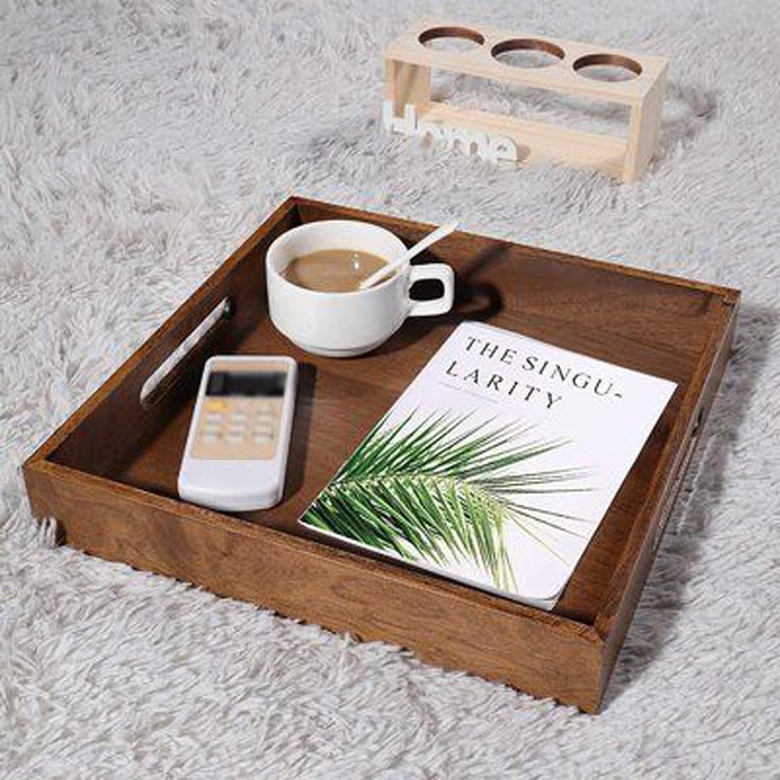 Hamdan Large Serving Tray, Tray With Cutout Handles, Rectangle Butler Tray For Breakfast In Bed, Coffee Table Decor, Party (Waln