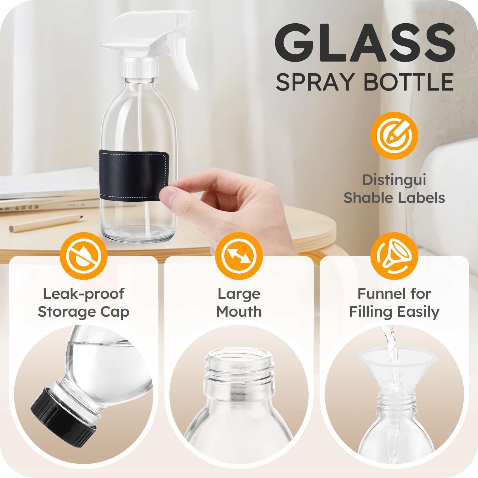 Tecohouse Glass Spray Bottle 8 Oz, Clear Small Empty Refillable Sprayer Container With Labels, Funnel, Lids, Graduated Pipettes