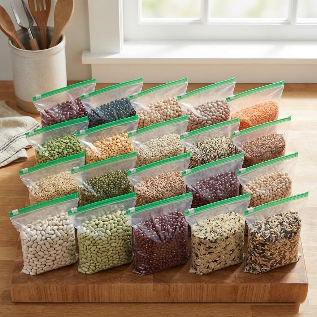 Reusable Food Storage Bags, 15Piece MultiSize StandUp Pouches, Clear With Purple Slider Zipper, Leakproof, For Freezer And Pa
