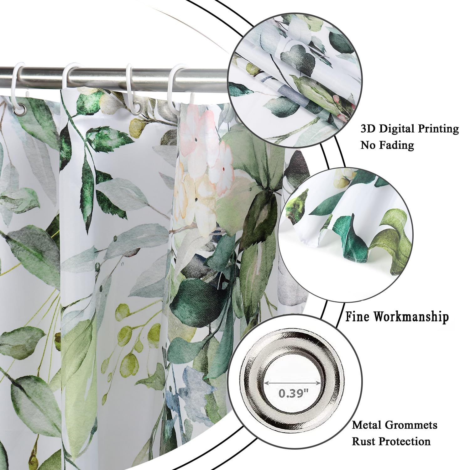 Caheansi Sage Green Eucalyptus Leaves Shower Curtain, Green And Gold Leaves Spring Botanical Plants Bathroom Curtain Waterproof