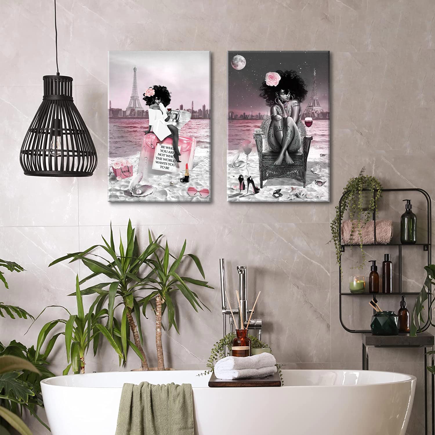 2 Pieces African American Black Girl Wall Art Decor Fashion Modern Pink And Black Beach Paris Eiffel Tower Drawing Painting Pict