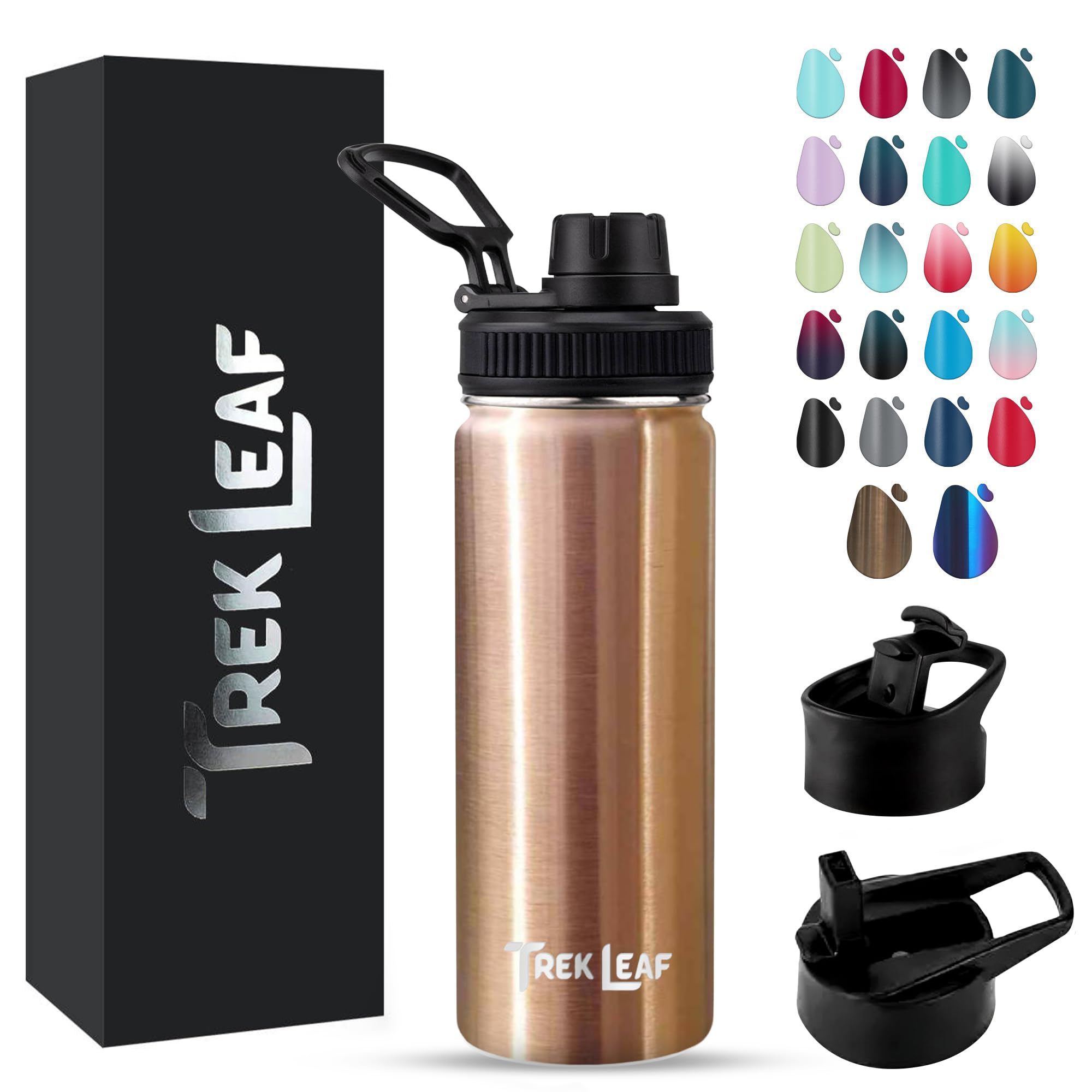 Trek Leaf Travel Water Bottle with 3 Lids (Spout, Straw, Flip) Leak Proof, Quality, Vacuum Insulated, Stainless Steel (Rose Gold