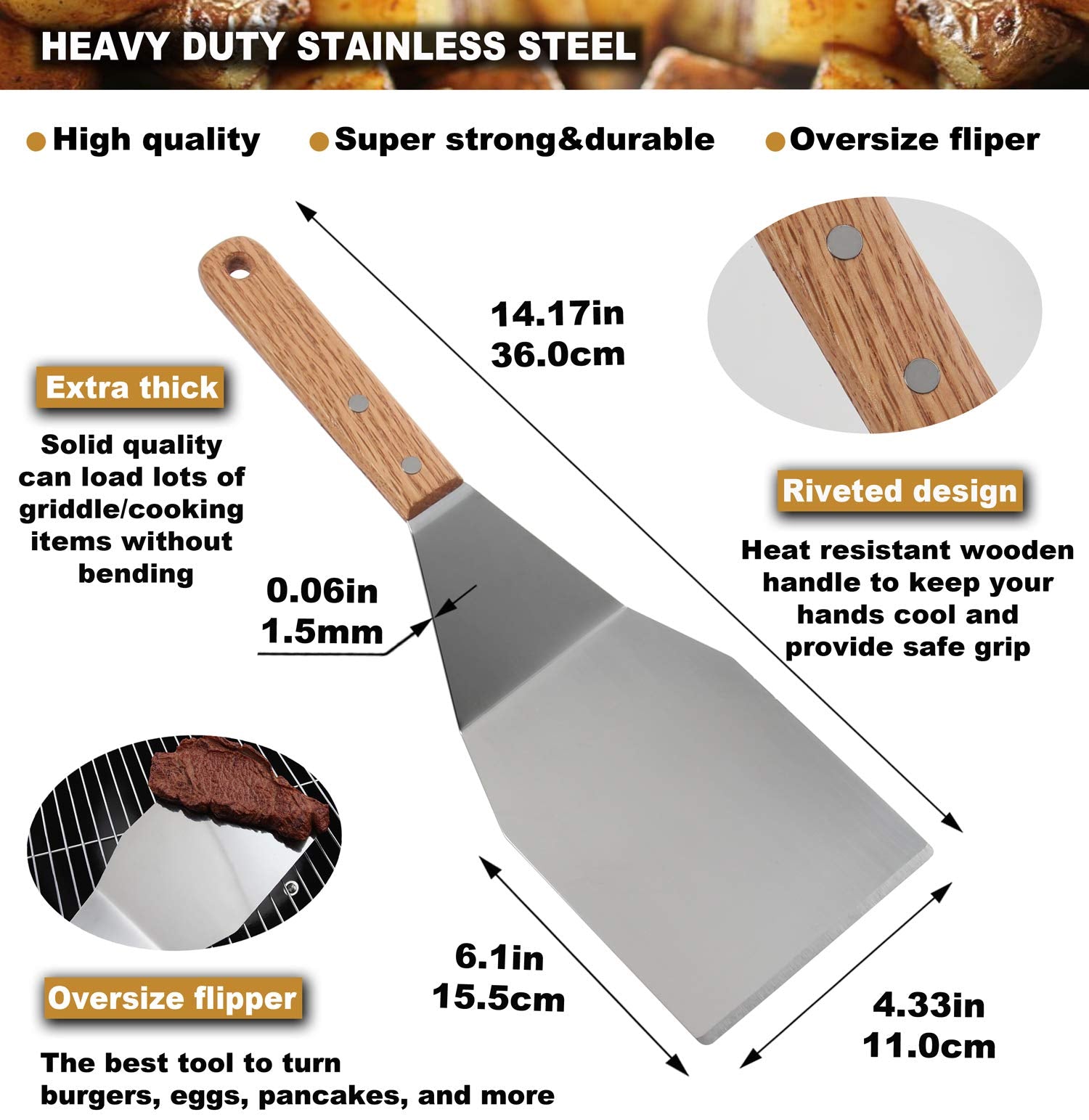ROMANTICIST 8Pc Professional Griddle Accessories Kit - Heavy Duty Stainless Steel Grill Spatula Set for Grill Griddle Hibachi Flat Top Outdoor Cooking - Great Grill Gift on Birthday Wedding