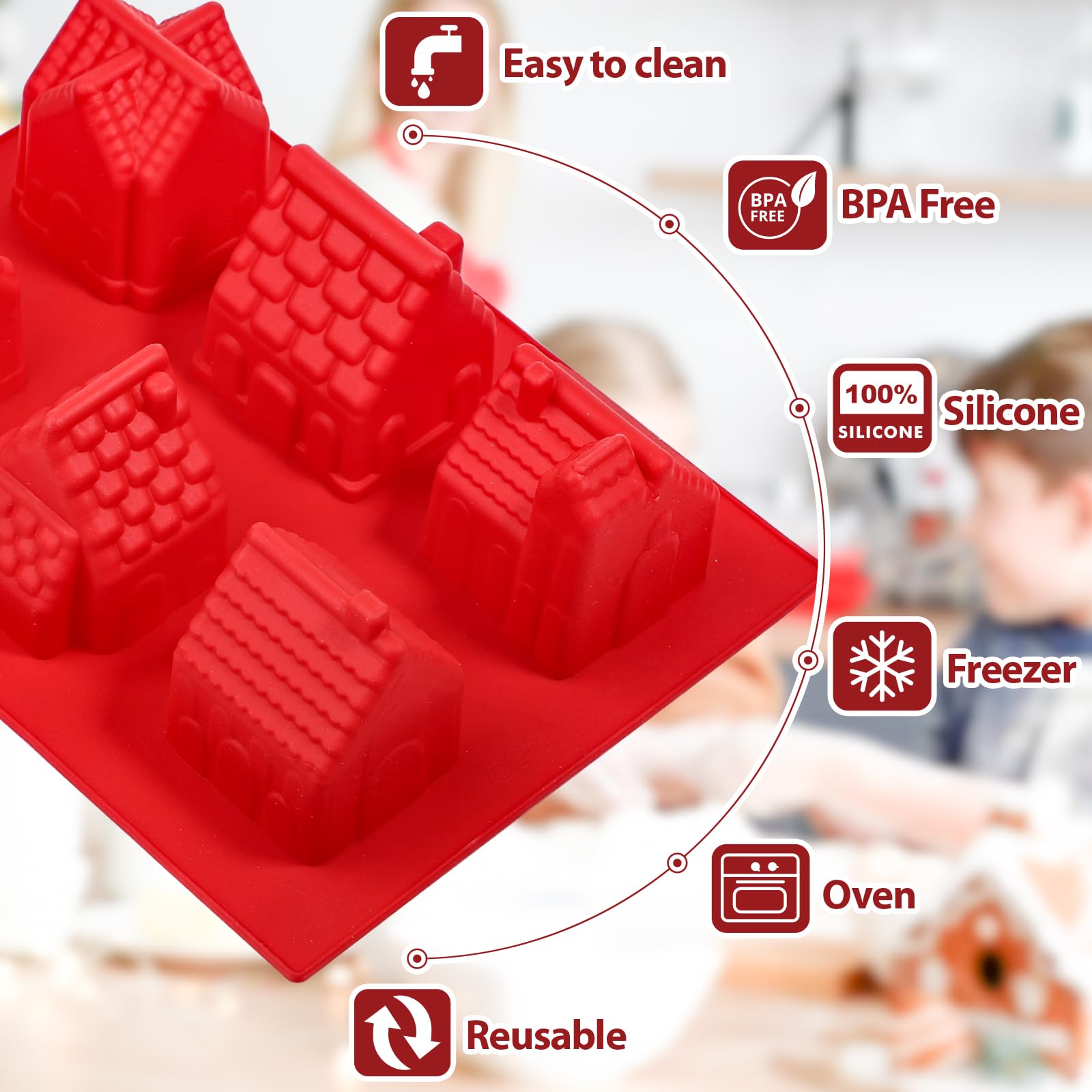 Kamehame 6-Cavity Silicone Gingerbread House Cake Mold, Red, Model KA23023 for Cake Decoration, Cupcakes, Soap, and Pudding