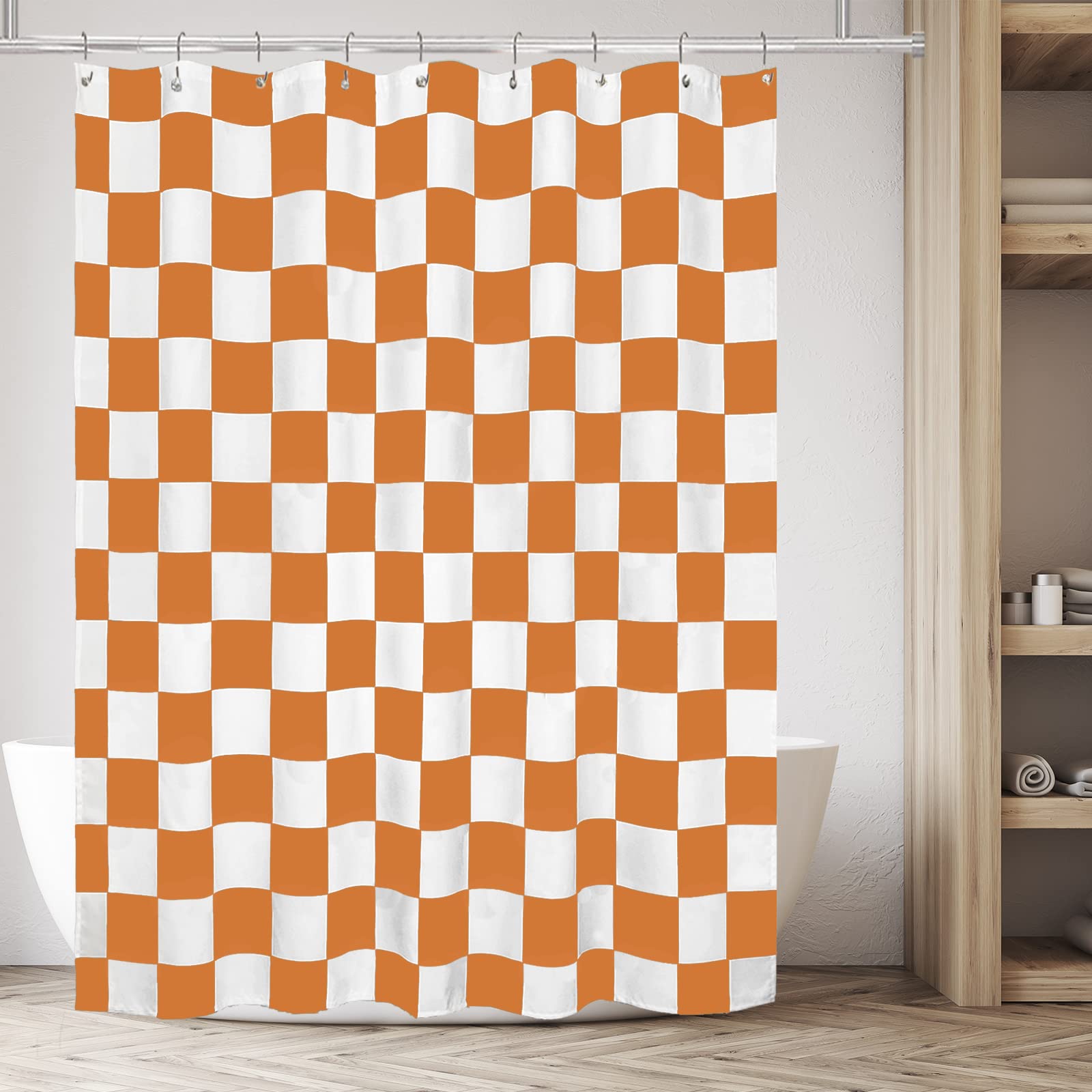 Tititex Aesthetic Checkerboard Grid Pattern Shower Curtain, White Orange Vibrant Modern Shower Curtain Sets Decoration 71X71 Inc