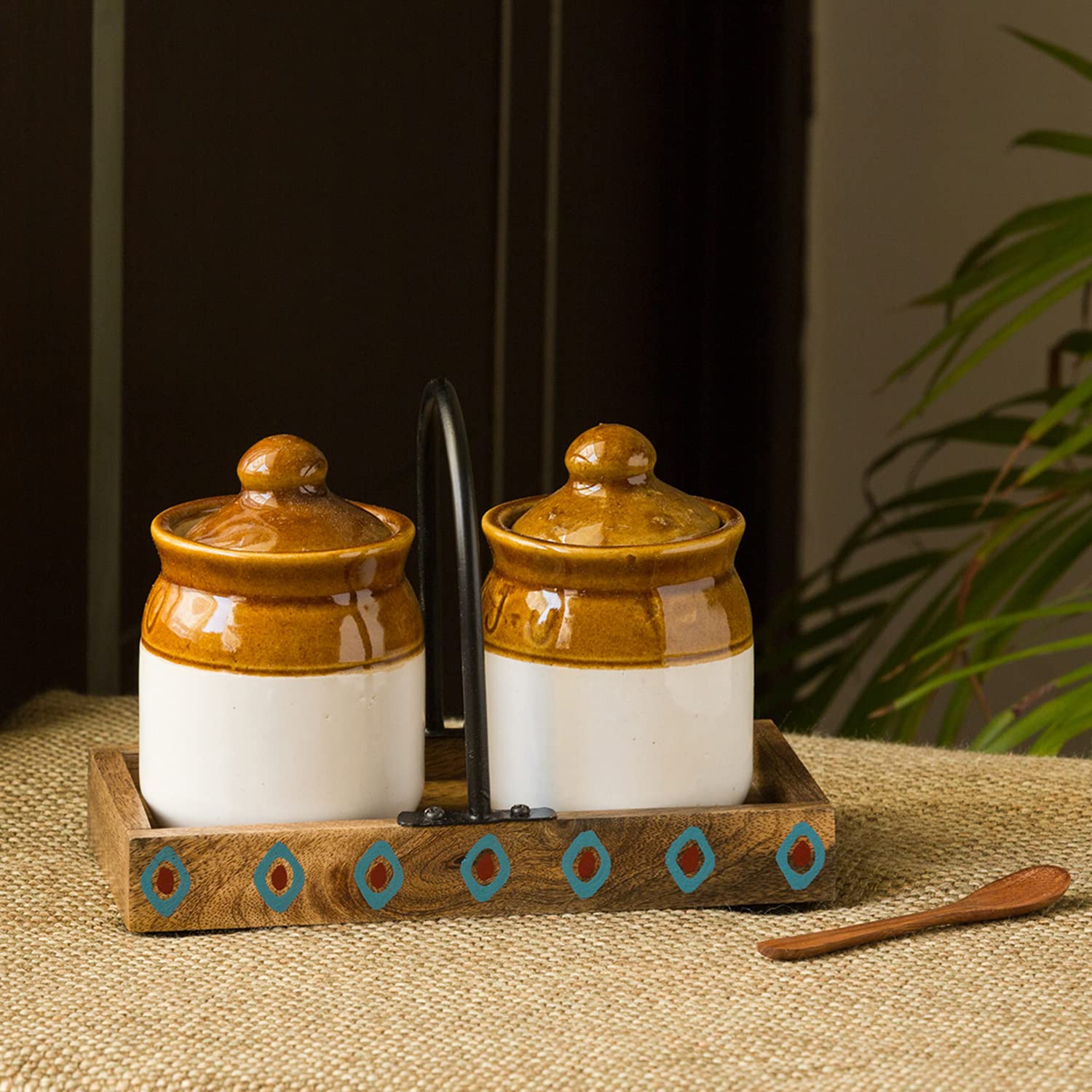 Exclusivelane Old Fashioned Martaban Indian Pickle Jars With Lids & Wooden Tray Traditional Indian Style Pickle Container For Di