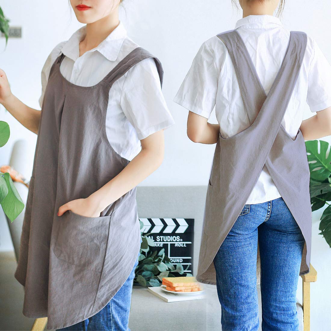NEWGEM Japanese Linen Cross Back Apron for Women, One Size, Dark Gray, Cotton Blend, Pockets, Ideal for Cooking, Baking, Gardening