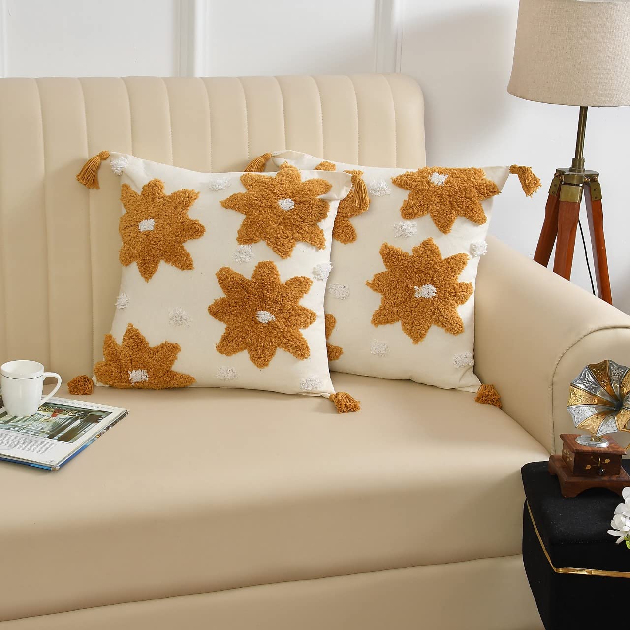 Wisdom Decor Sofa Cushion Cover Cotton For Living Room Couch Soft Pillow Cover (18 X 18, Yellow Flower) Pack Of 2