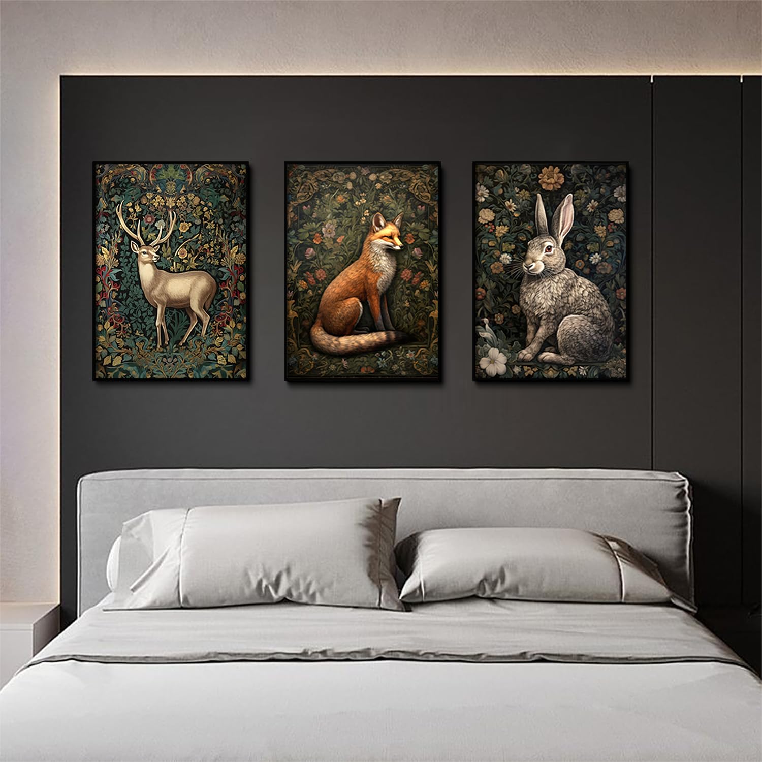 3Pcs William Morris Animal Wall Art Fox Rabbit Sika Deer Canvas Posters Prints Forest Wild Animal Pictures Paintings Gothic Bota