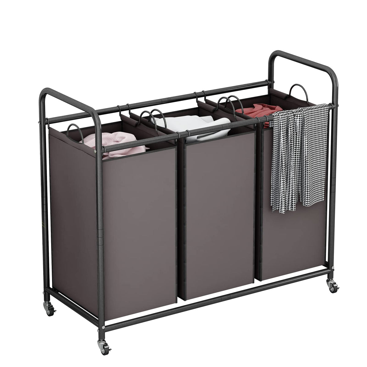 Linzinar 3-Bag Laundry Sorter,Laundry Hamper Cart With Heavy Duty Rolling Lockable Wheels And Removable Bags (Brown)