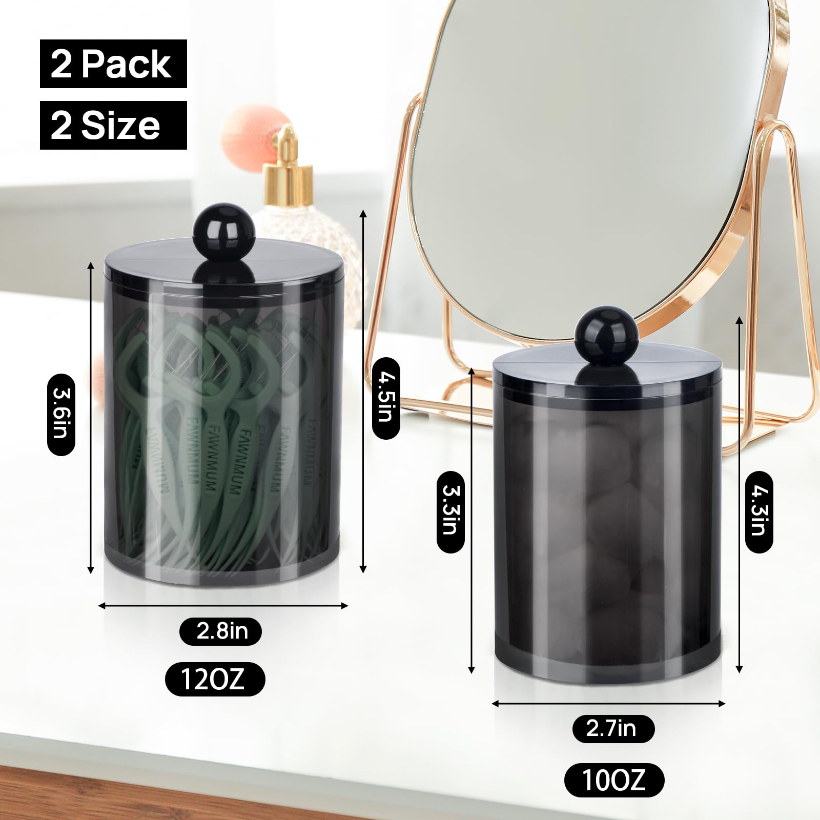 Xipengkeji 2 Pack Qtip Holder-10 Oz, 12 Oz, Qtip Holder Dispenser For Bathroom Canister Storage Organization, Vanity Makeup Orga
