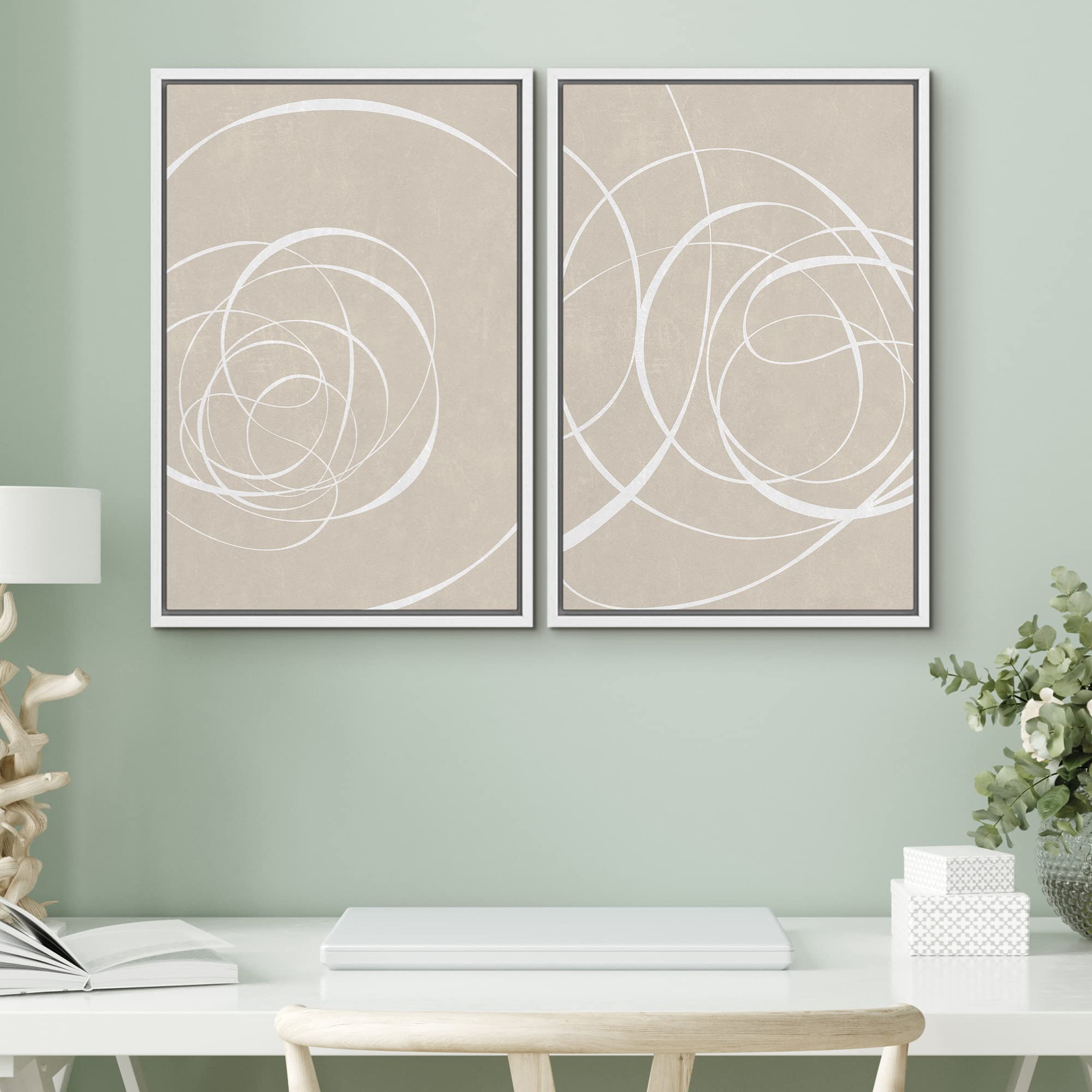 SIGNWIN Framed Canvas Print Wall Art Set White Tan Geometric Spiral Collage Abstract Shapes Illustrations Minimalism Decorative Bohemian Relax/Zen for Living Room  Bedroom  Office - 24''x36''x2 White