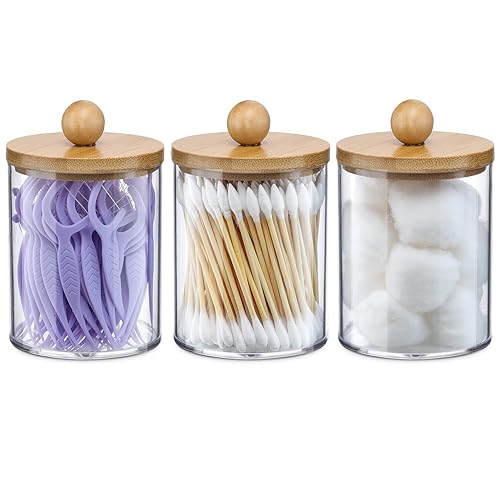 3 Pack Qtip Holder Dispenser with Bamboo Lids - 10 oz Clear Plastic Apothecary Jar Containers for Vanity Makeup Organizer Storage - Bathroom Accessories Set for Cotton Swab  Ball  Pads  Floss