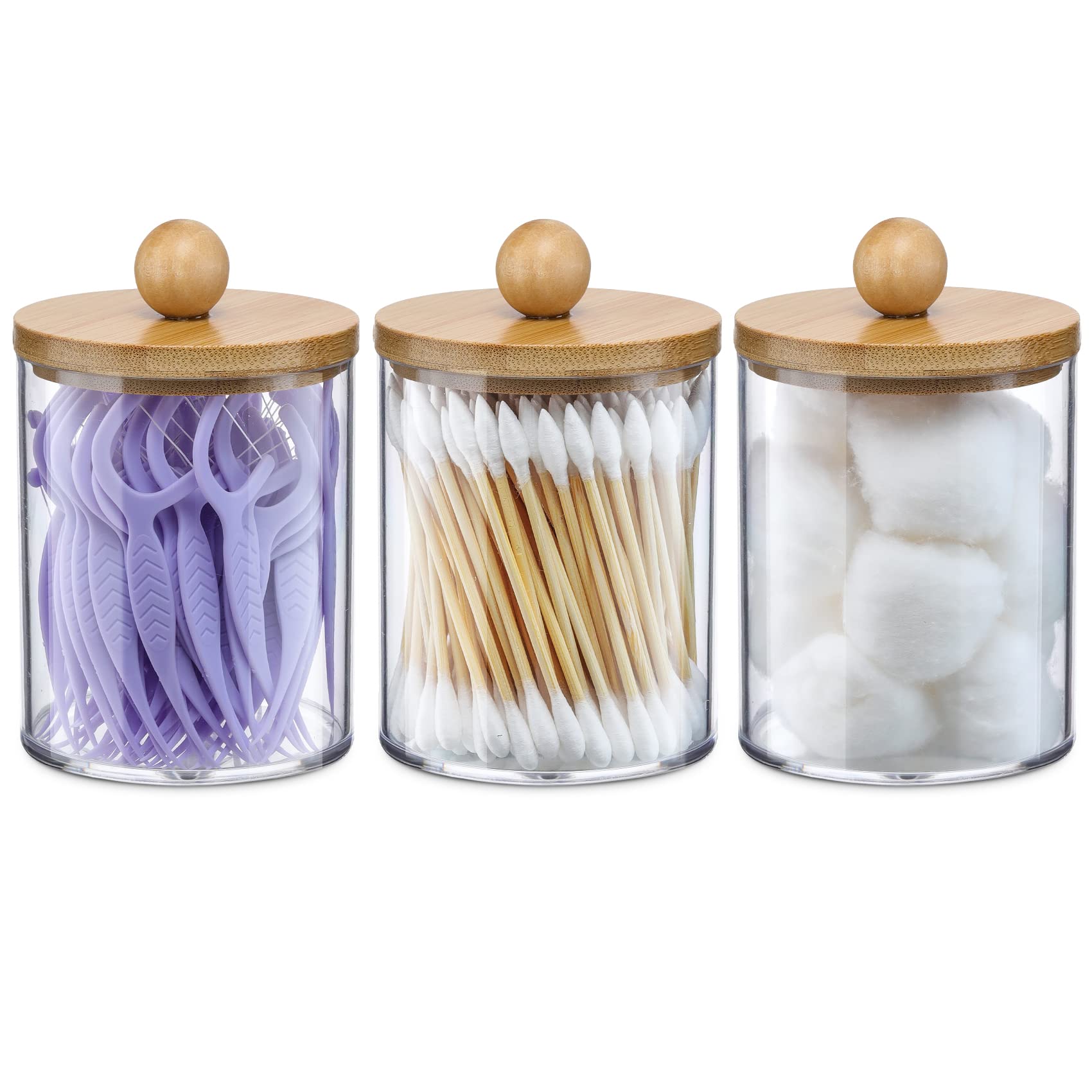 3 Pack Qtip Holder Dispenser with Bamboo Lids - 10 oz Clear Plastic Apothecary Jar Containers for Vanity Makeup Organizer Storage - Bathroom Accessories Set for Cotton Swab  Ball  Pads  Floss