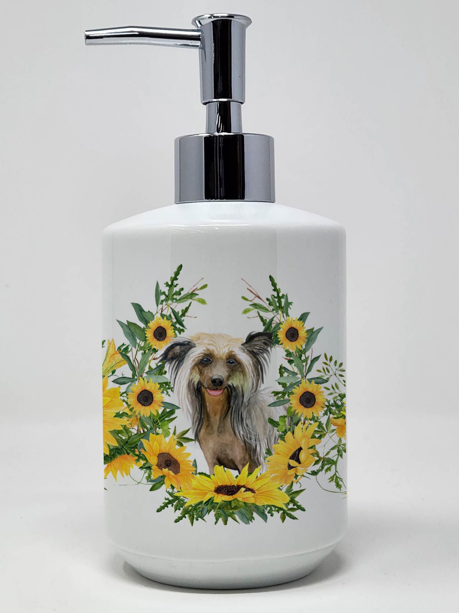 Caroline'S Treasures Ck2851Soap Chinese Crested In Sunflowers Ceramic Soap Dispenser Hand Soap Dispenser Pump Bottles For Bathro