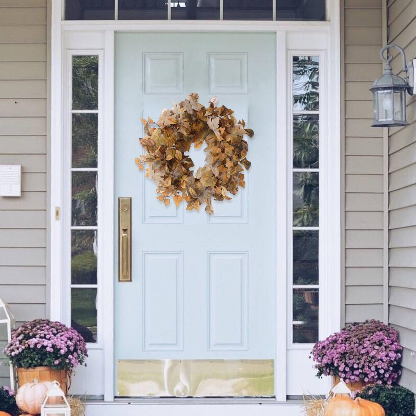 Egolot Fall Maple Leaves Wreath for Front Door, Autumn Natural Looking Sunset Yellow Maple Wreath for Indoor Outdoor, Rustic Far