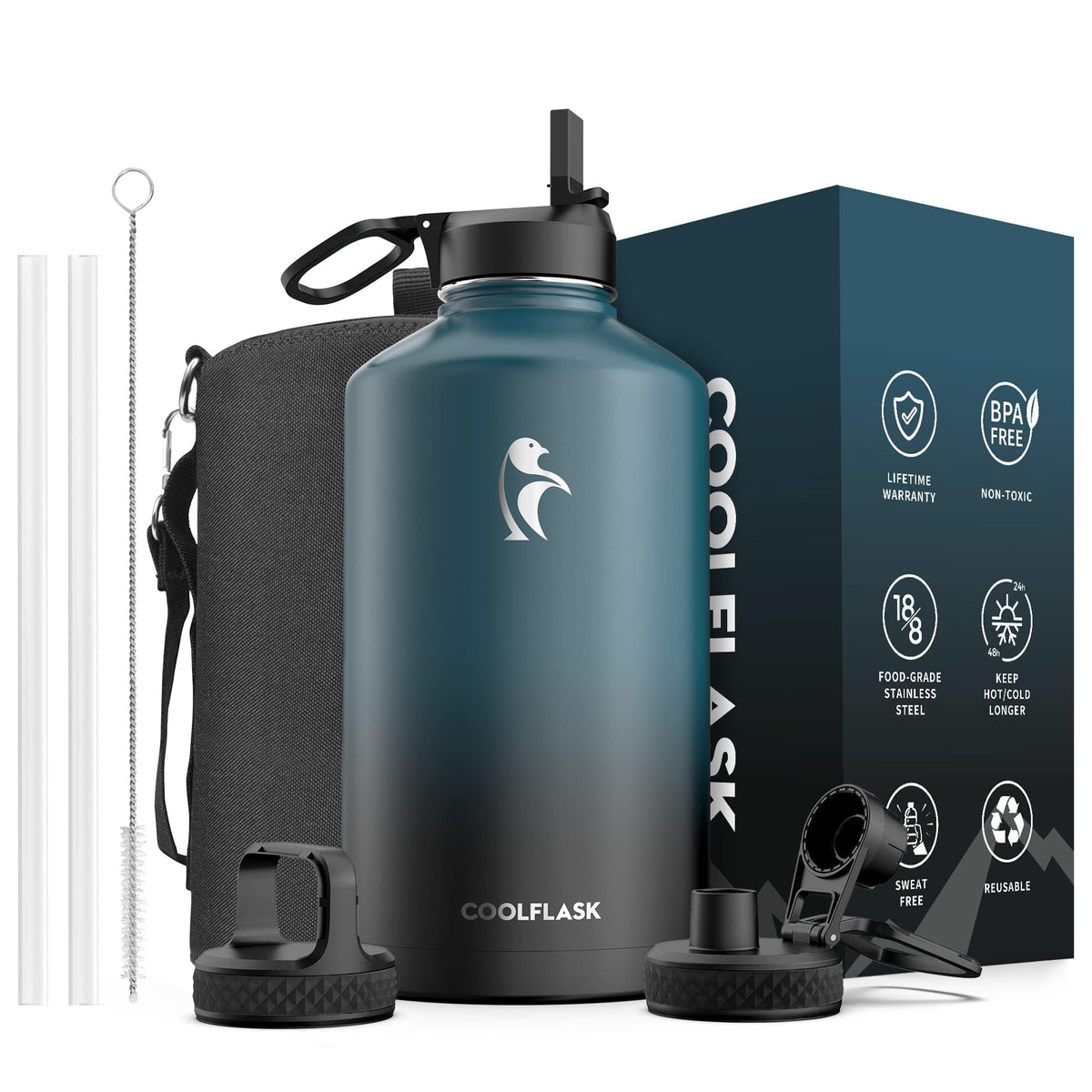 Coolflask 128 Oz Gallon Water Bottle Insulated With Straw&3 Lids, Water Jug Large Stainless Steel Metal Vacuum Wide Mouth For Sp