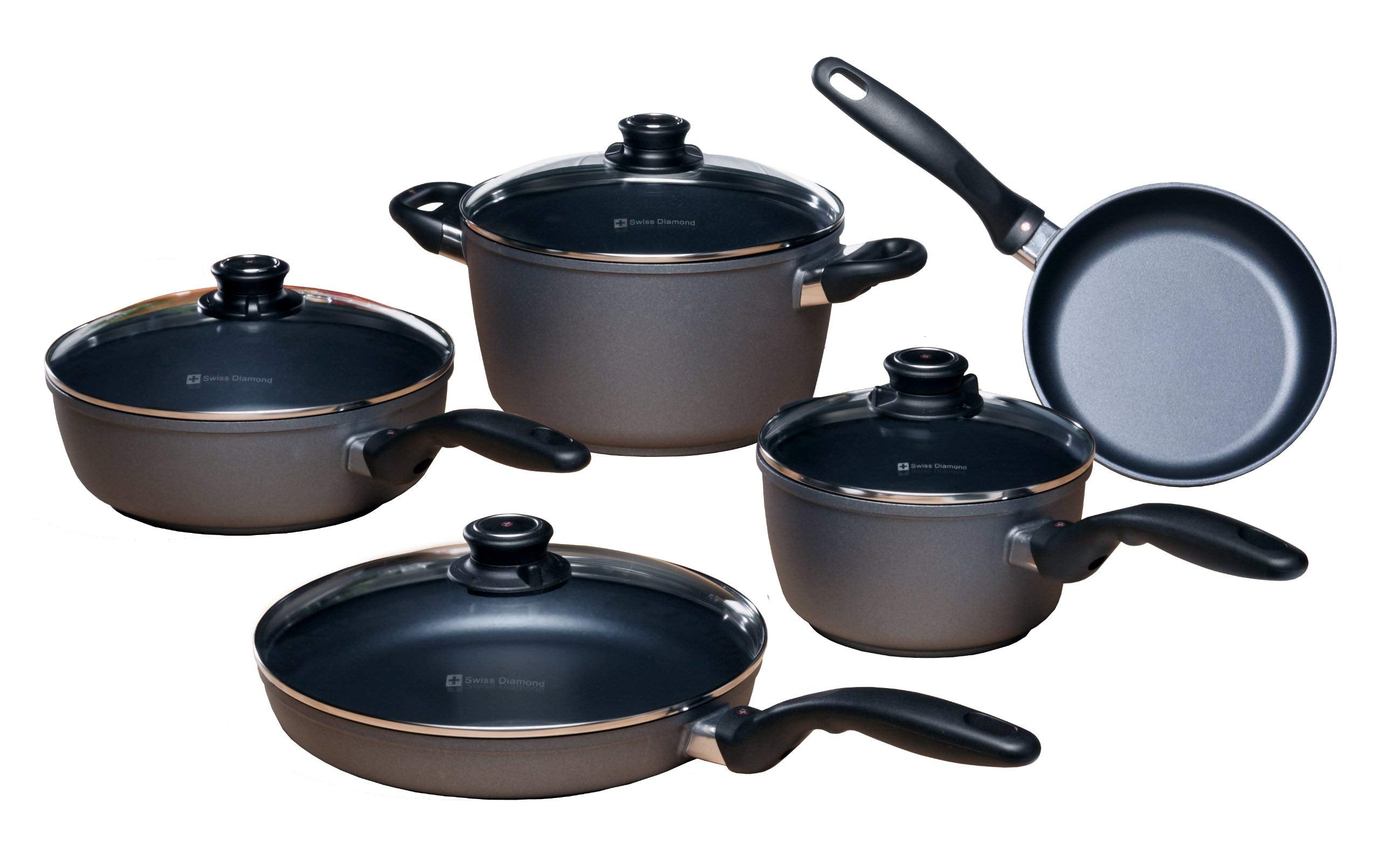 Swiss Diamond Pots and Pans Set Non Stick, Nonstick Cookware Set, Diamond Enforced Aluminum Non Stick Pots and Pan Set with Stai