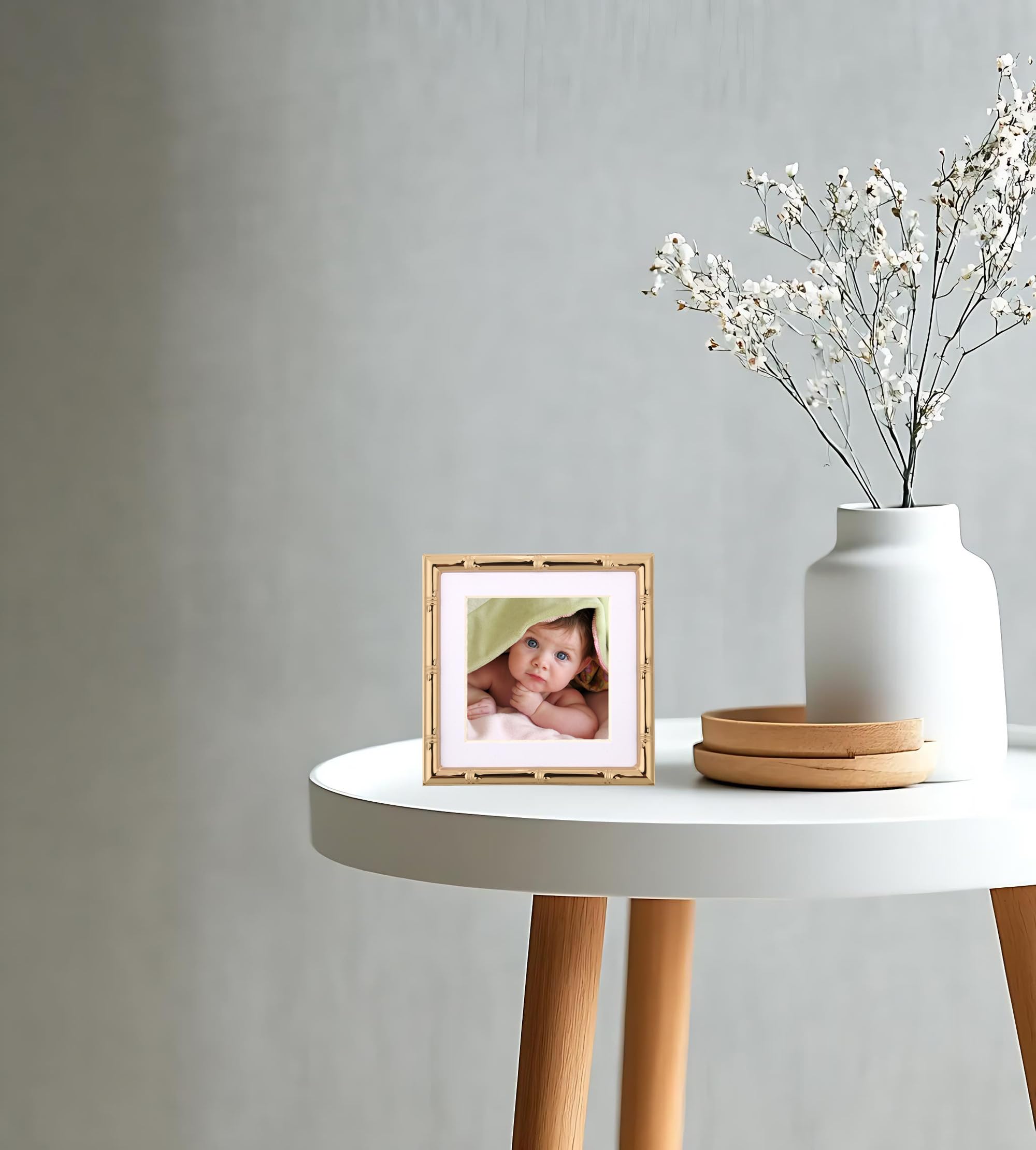 YiPinYin 4x4  Bamboo Detail Gold Metal Picture Frame Mat 3x3  ,3x3  Cute Gold Plated Baby Nurse Photo Frames With Velvet Backing