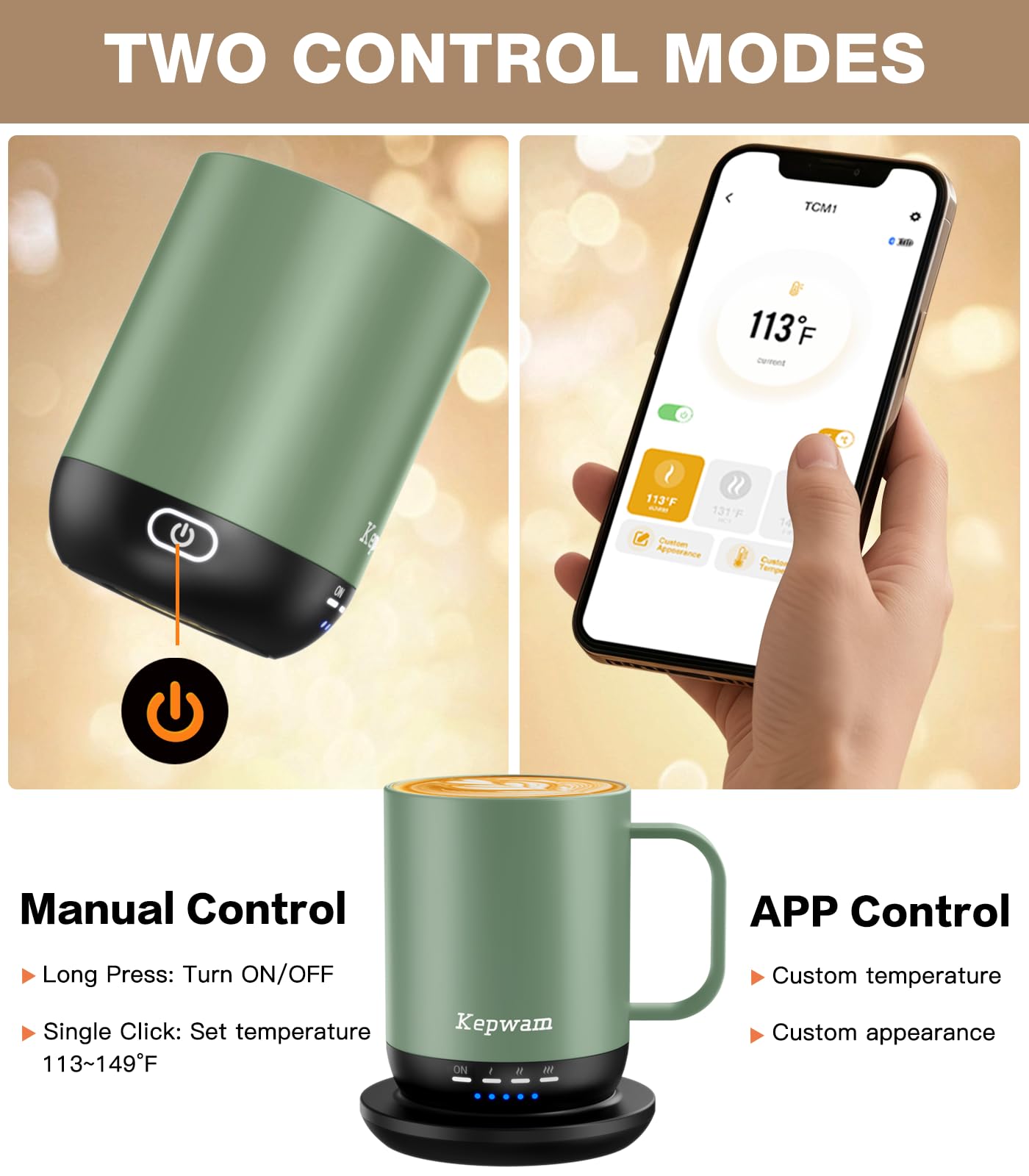 Kepwam Heated Coffee Mug T1-14oz Fast Heating & Longer Battery Life Self Heating Coffee Mug Hot to 149? - Touch & App Controlled