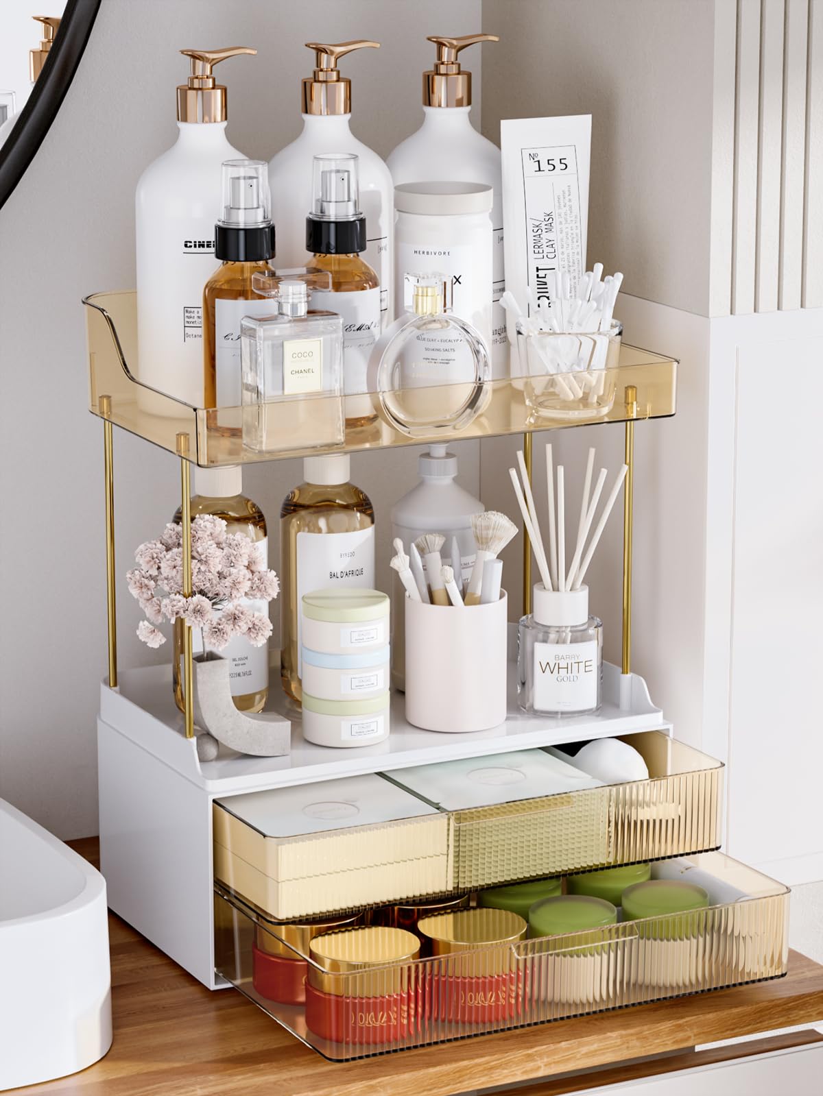 Hoffeins 4 Tiers Bathroom Organizers And Storage Countertop With 2 Drawers, Multi-Purpose Vanity Organizer, Skin Care Organizer