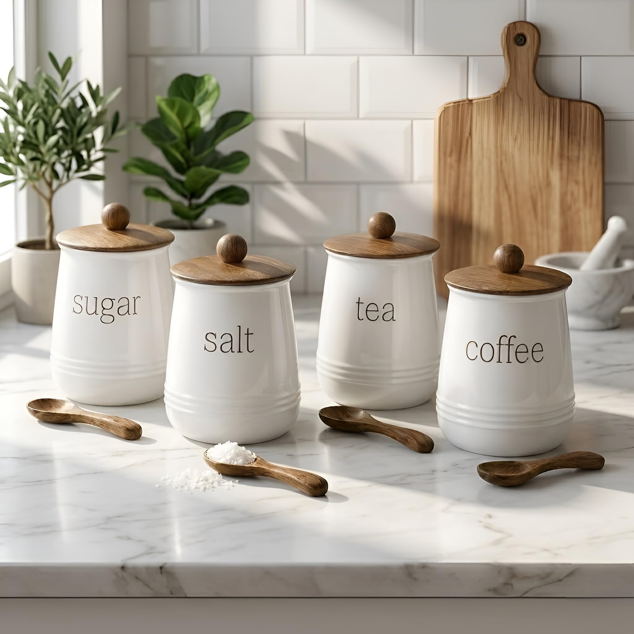 Ovil Deco Stylish Airtight Container For Kitchen, Tea Coffee Sugar Salt Storage, Metal With Wooden Lid & Spoon, 1000Ml, Canister