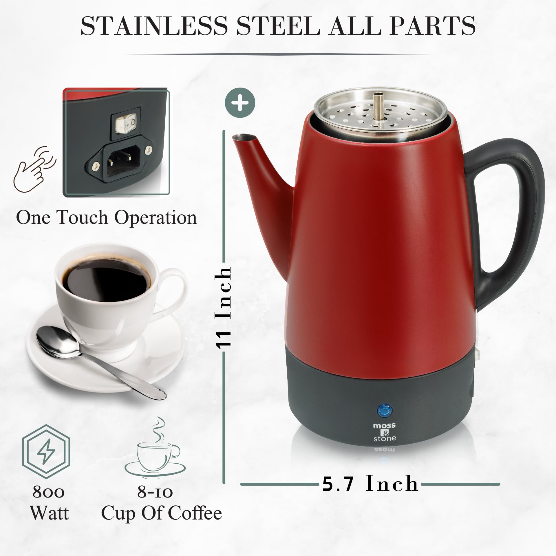 Moss & Stone Electric Coffee Percolator, Red Body With Stainless Steel Lid Coffee Maker, Percolator Electric Pot, Red Camping Co