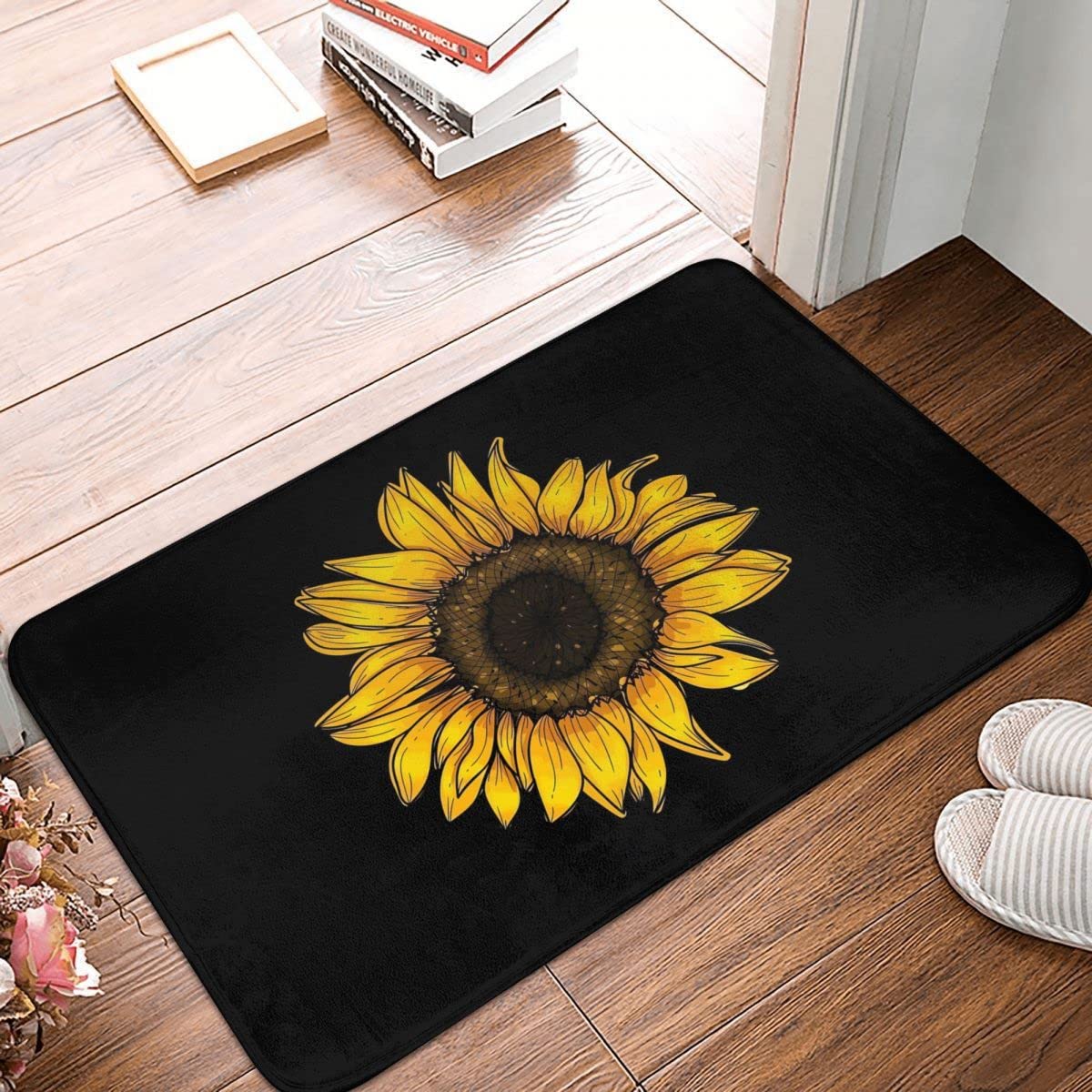 Sunflower Bathroom Rug Bath Decor Accessories, Black And Yellow Flower Floral Sunflower Bath Mat, Non Slip Soft Flannel Rug Entr