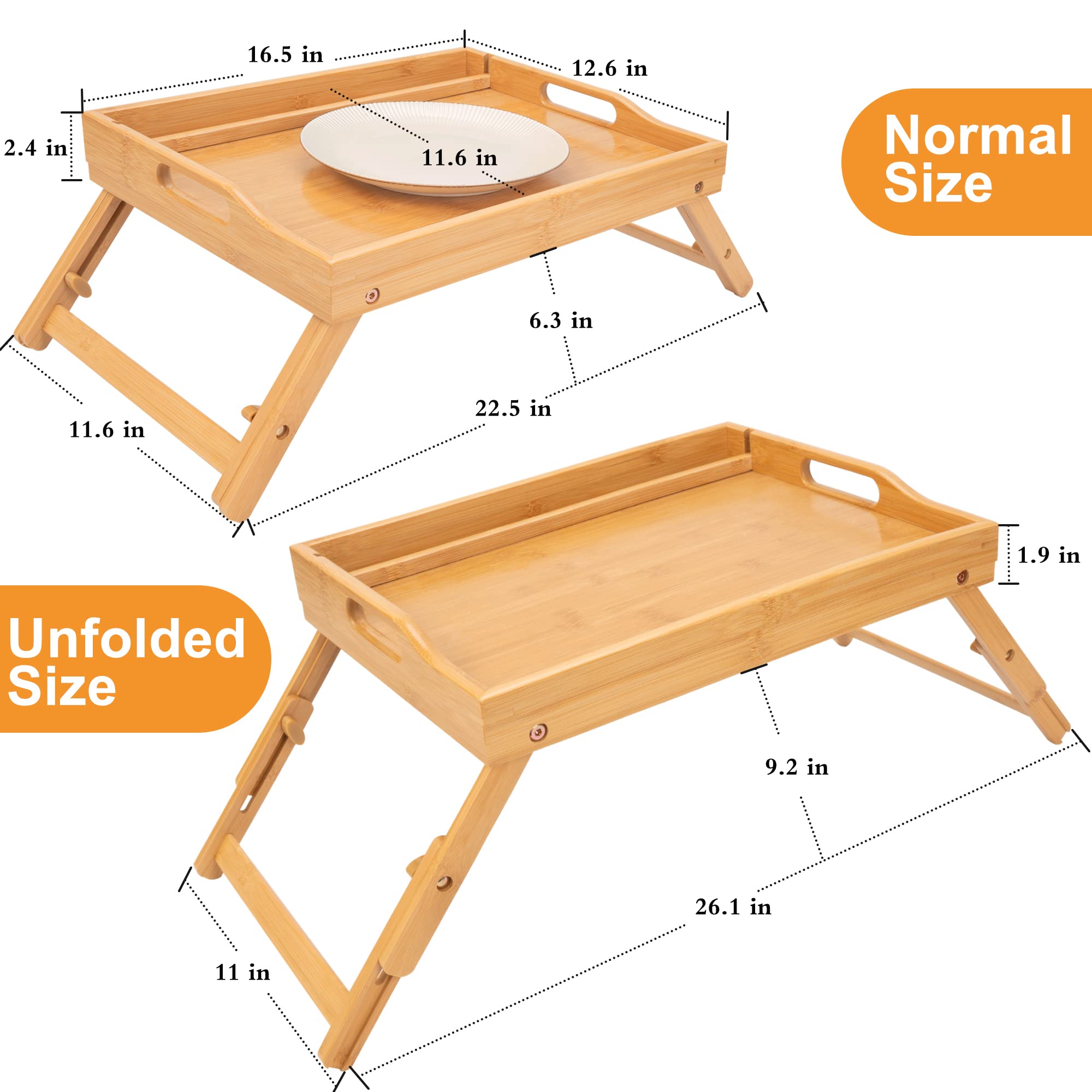 Greenual 2 Pack Bed Tray Table With Handles Folding Legs, Bamboo Breakfast Food Tray With Media Slot, Use As Platter, Laptop Des