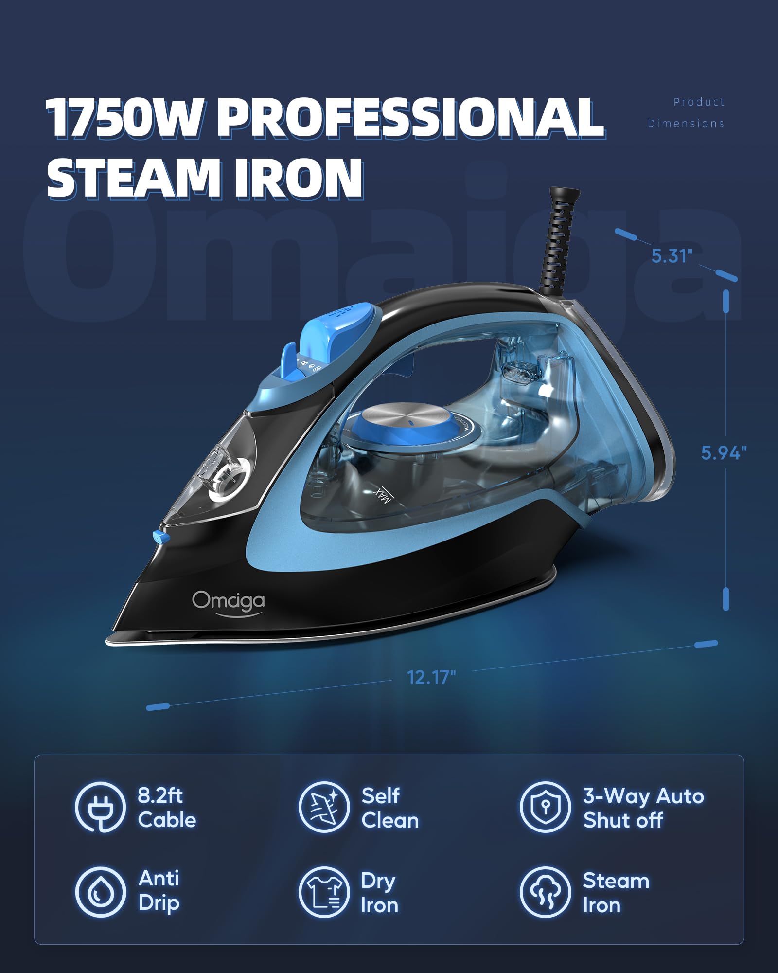 Omaiga Steam Iron For Clothes, 1750W Clothes Iron With 3-Way Auto-Off, Rapid Heating Durable Ceramic Soleplate, Iron For Clothes