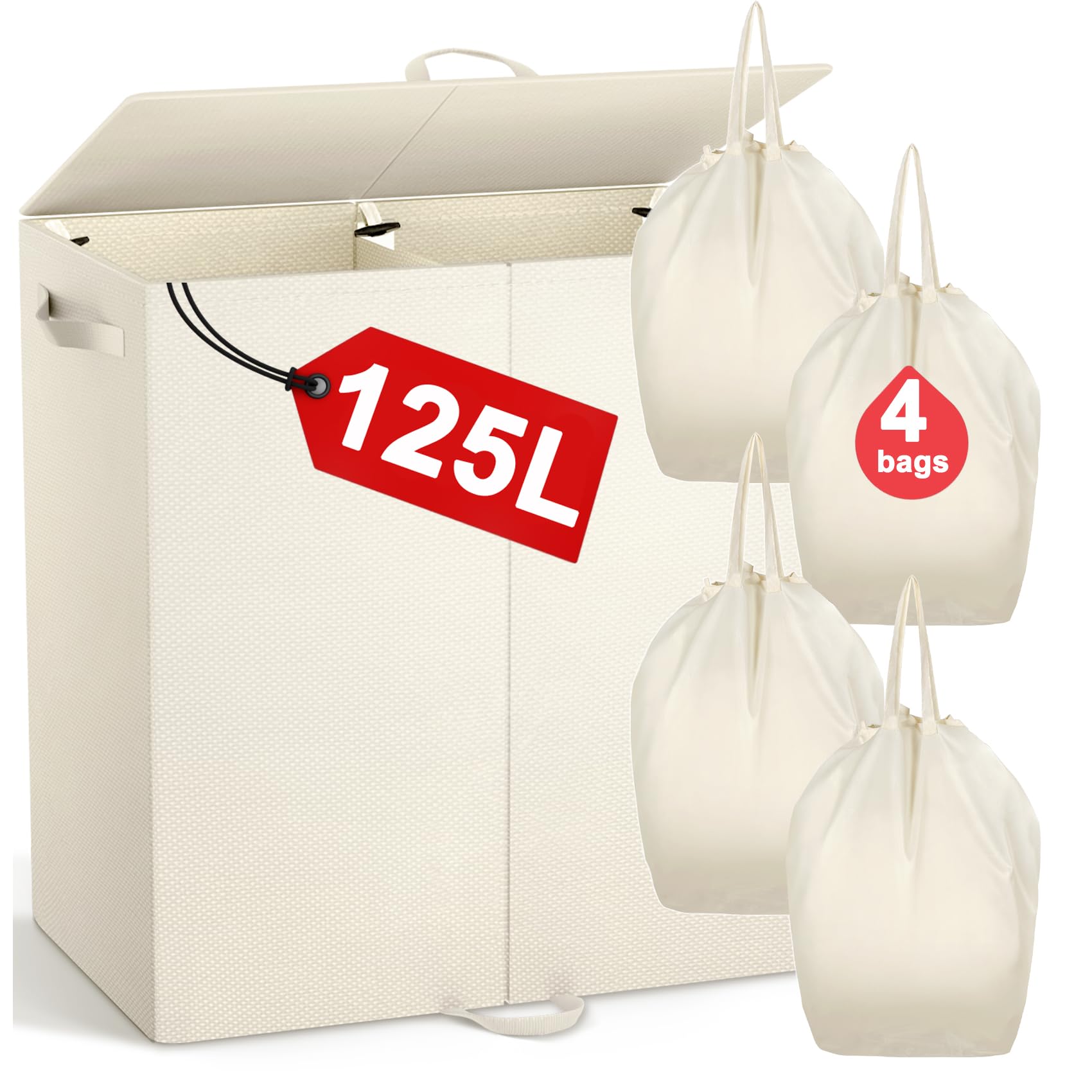 Double Laundry Hamper With Lid And 4 Removable Laundry Bags, Collapsible Laundry Hamper 2 Section Dirty Clothes Hamper With Hand