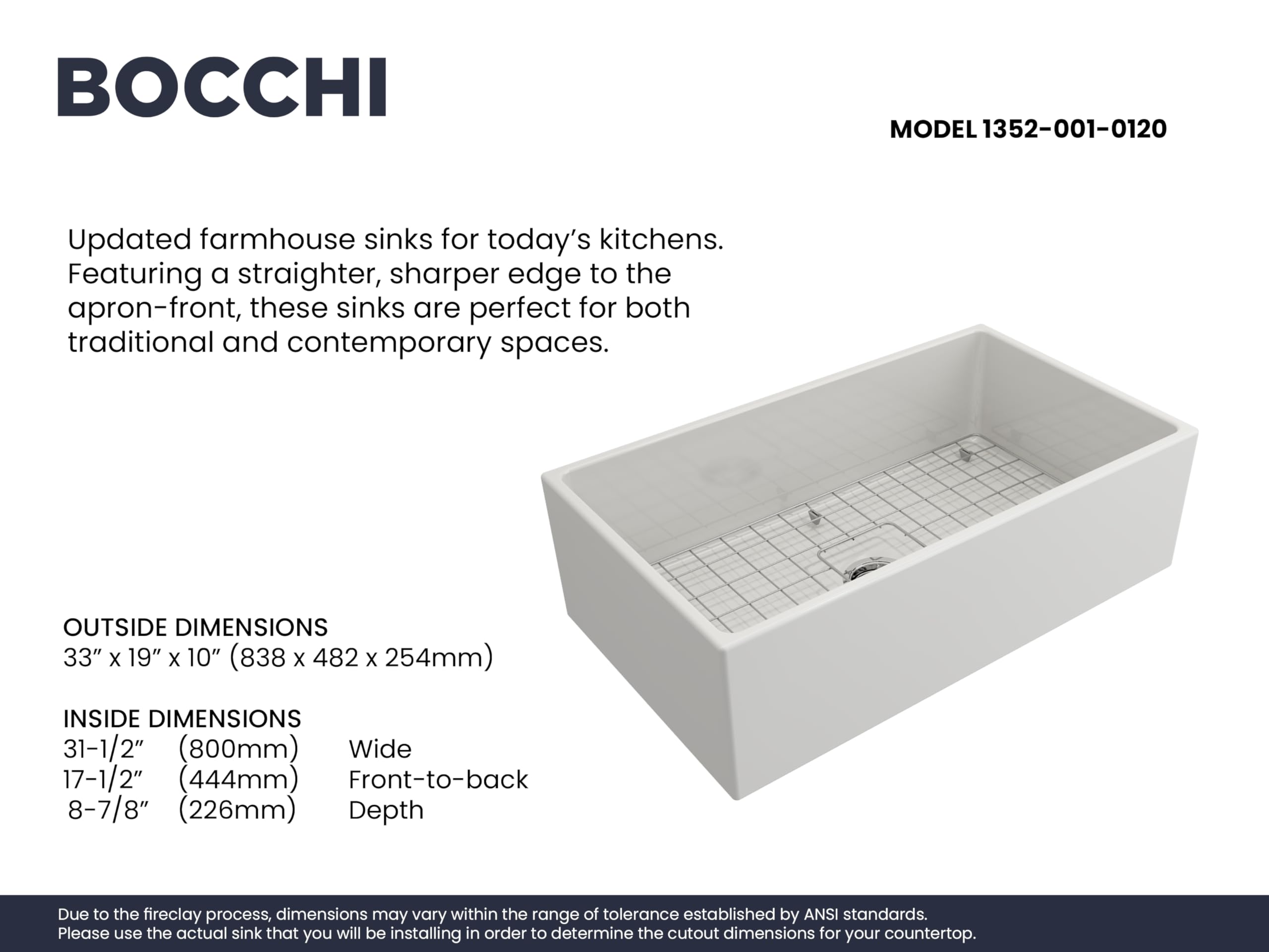 Bocchi Contempo Farmhouse Apron Front Fireclay 33 In. Single Bowl Kitchen Sink With Protective Bottom Grid And Strainer In White