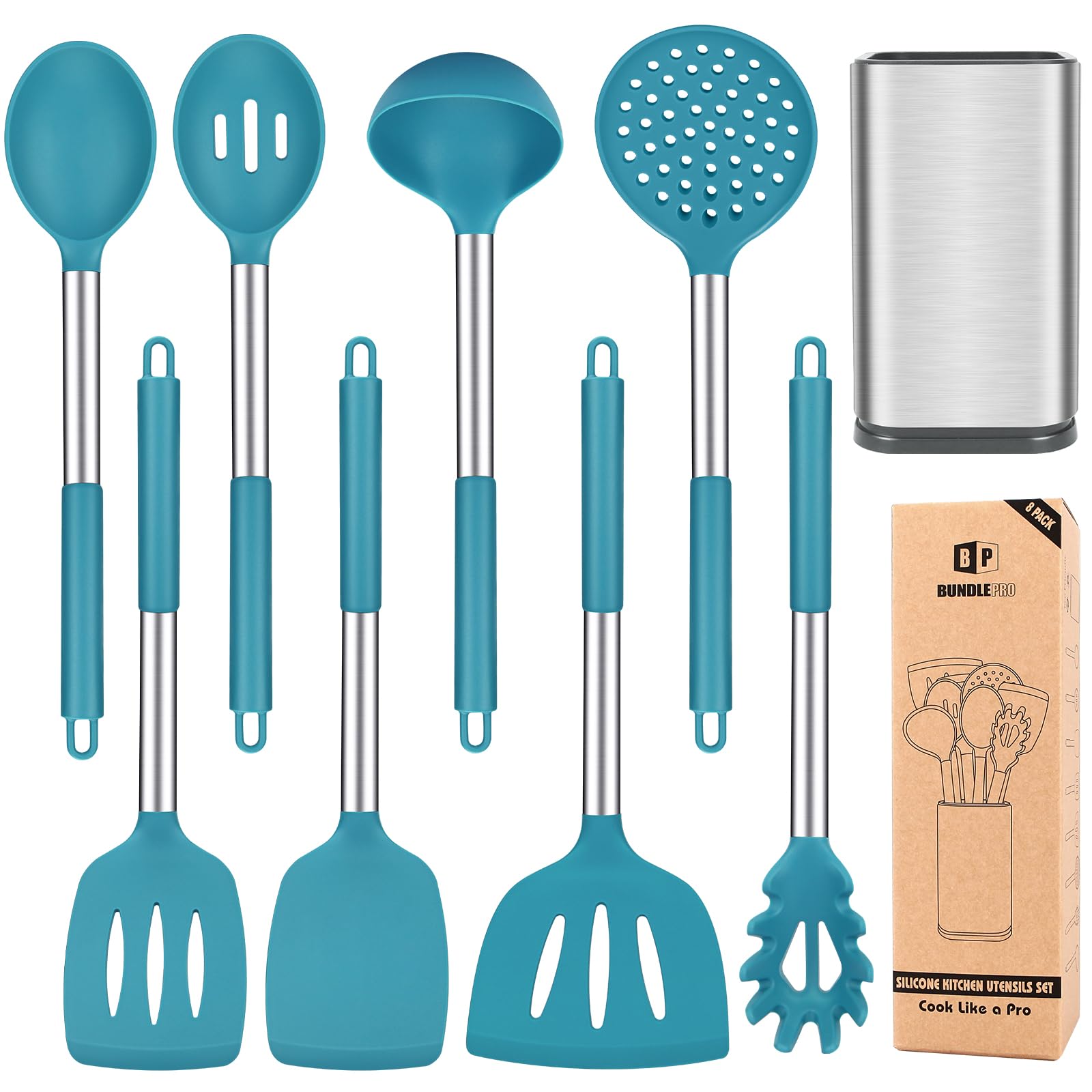Silicone Cooking Utensil Set, 8Pcs Non-Stick Cookware With Stainless Steel Handle, Bpa Free Heat Resistant Kitchen Tools With Sp