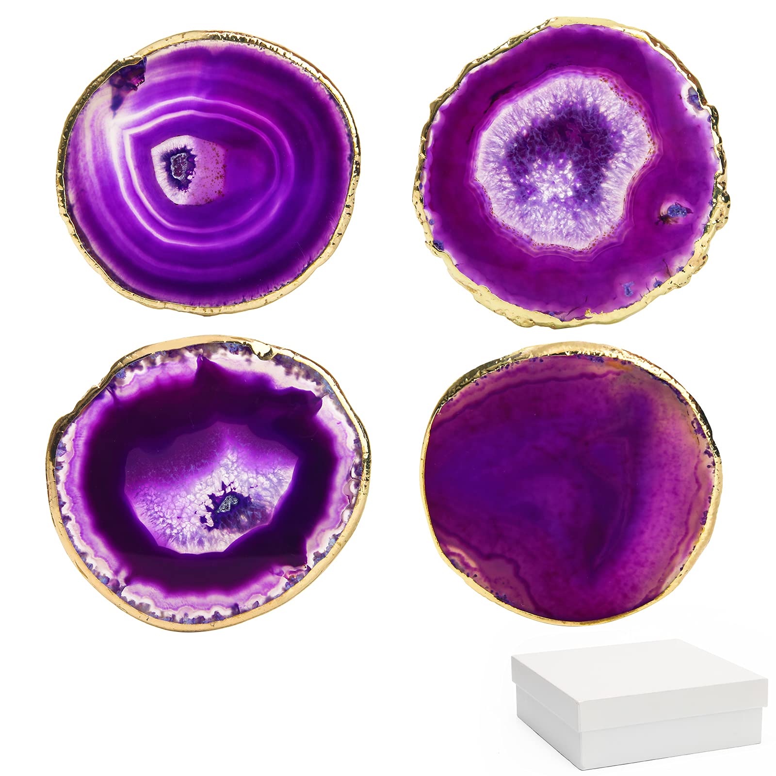 Purple Agate Coasters Set Of 4 With Gift Box, Luxiv 3-4'' Agate Coasters For Drinks Natural Crystal Coasters With Gold Edge Braz